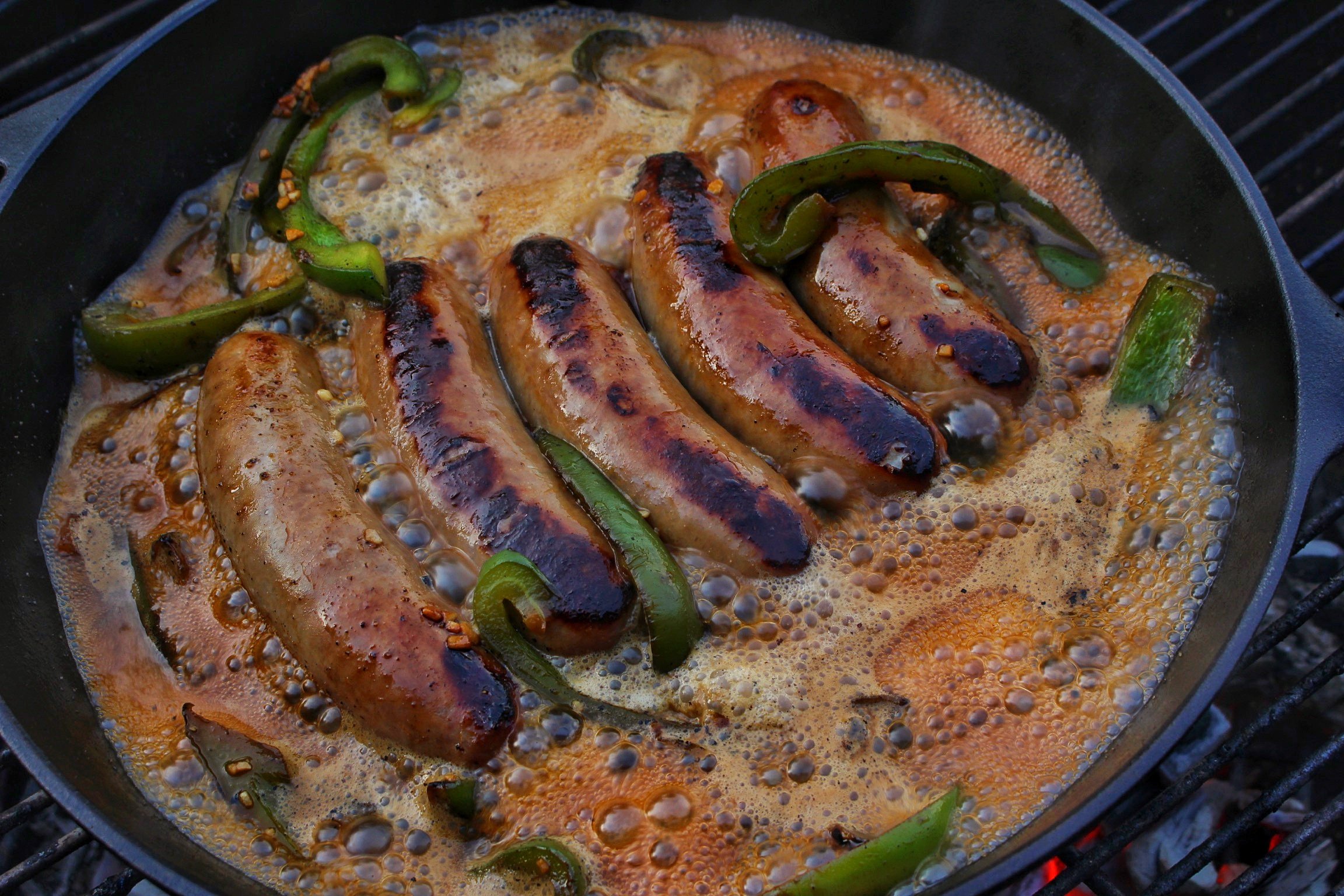 Cast Iron Brats with Peppers and Onions - Fresh Off The Grid