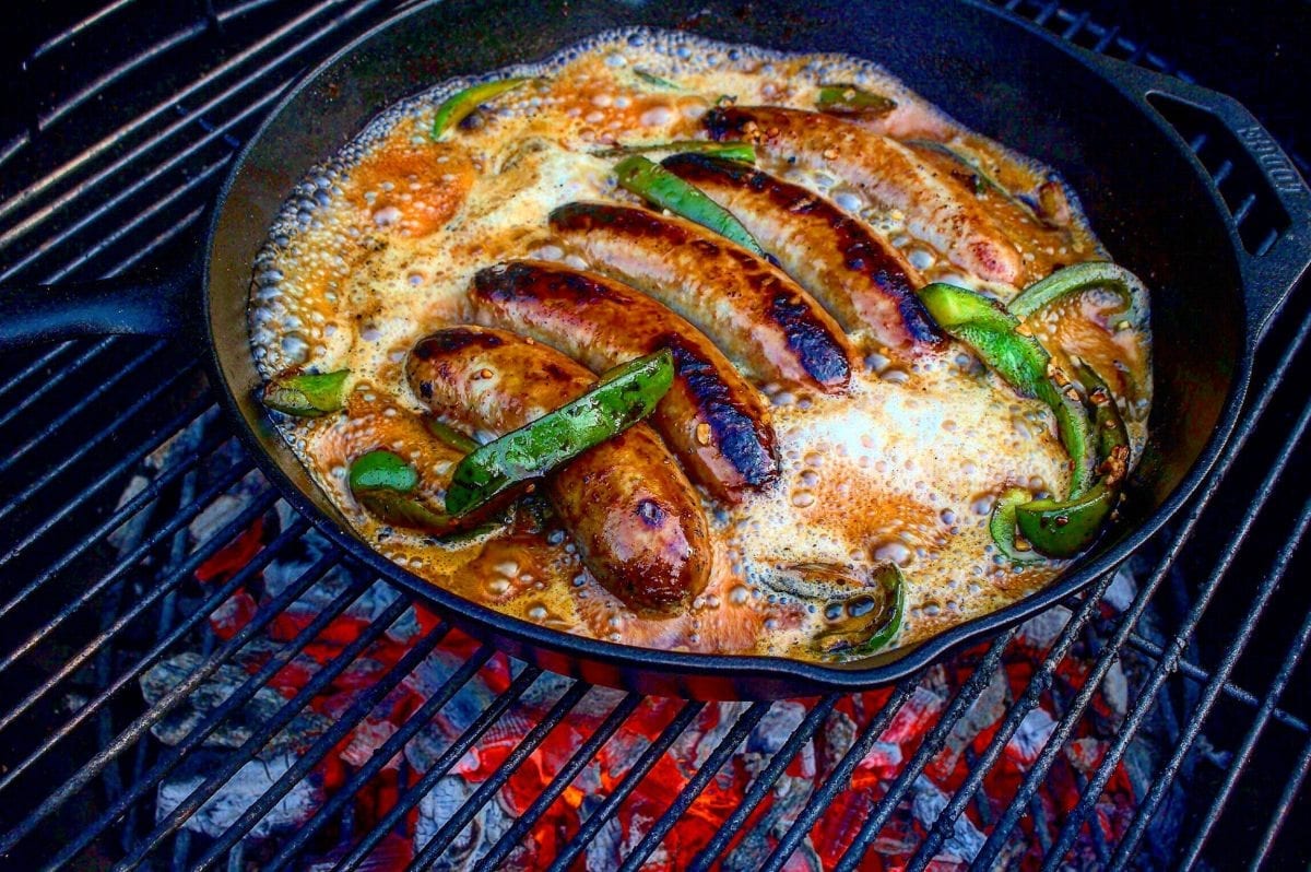 beer brats in skillet