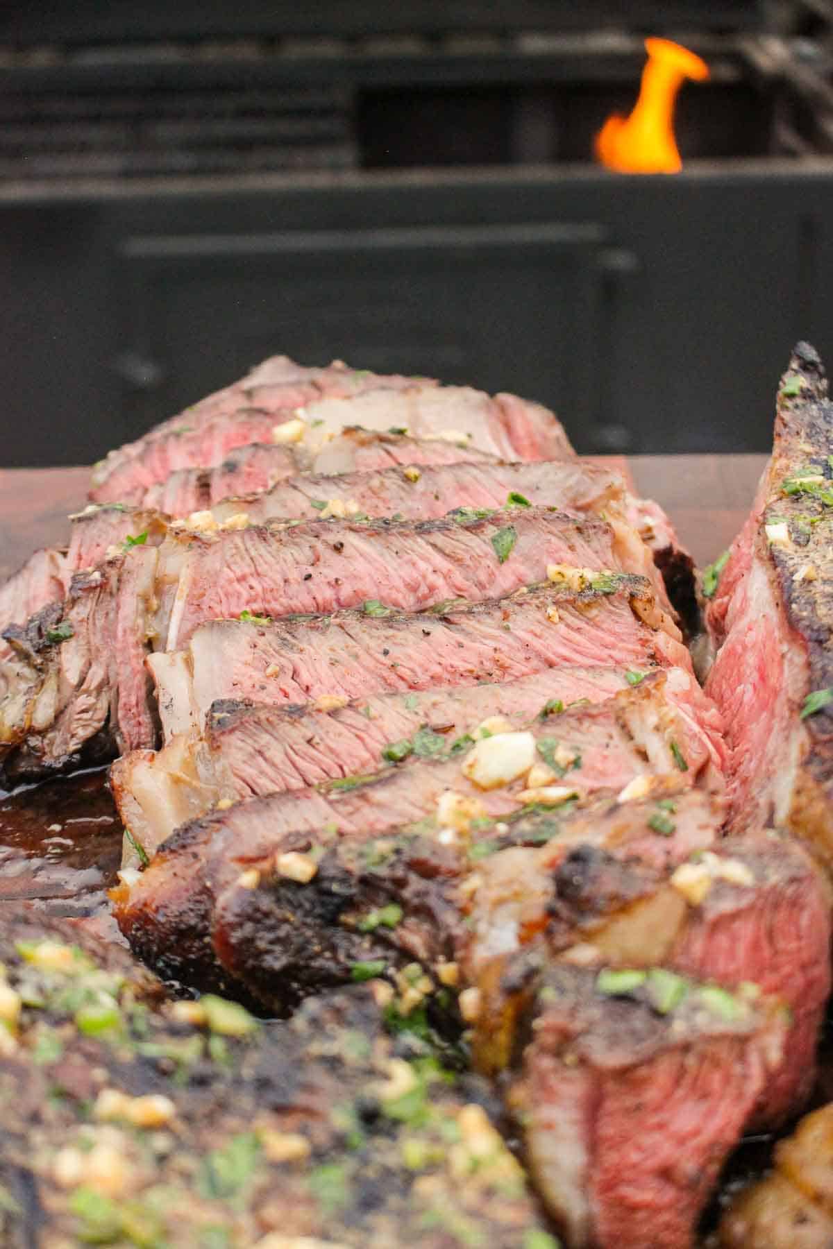 Perfectly cooked sliced steak.