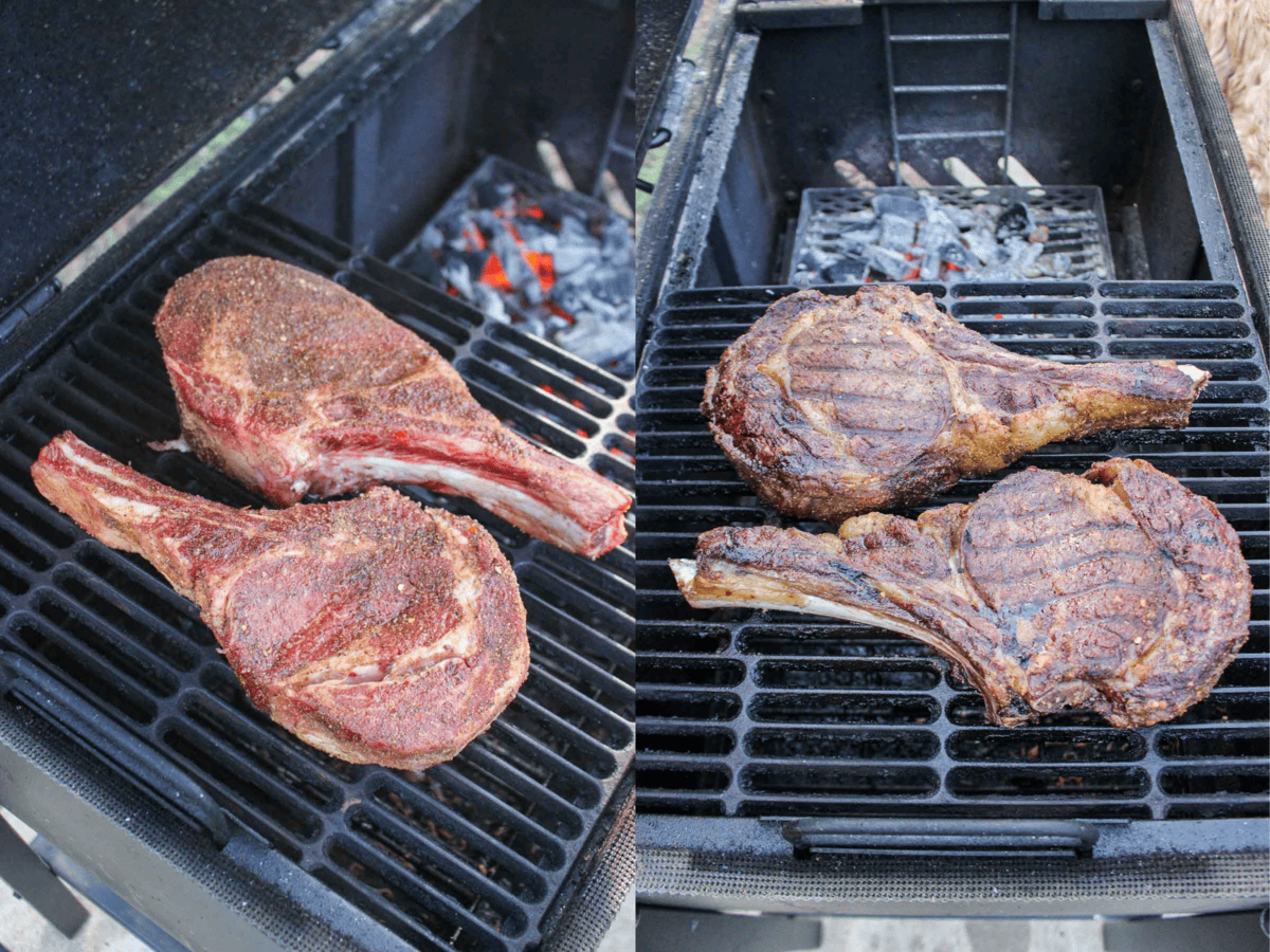 The raw and baked steak on the smoker.