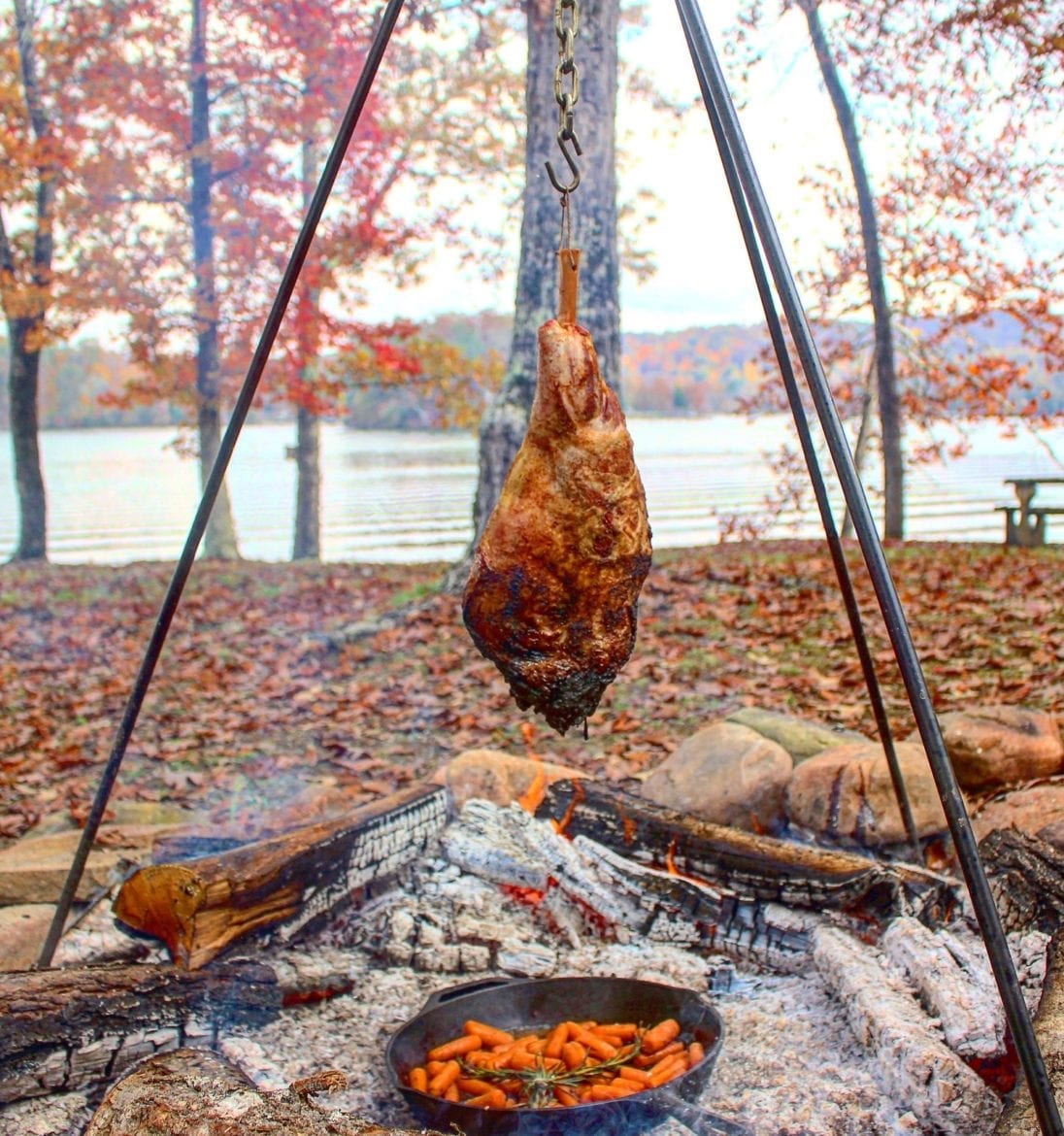 Hanging Lamb Leg Over The Fire Cooking