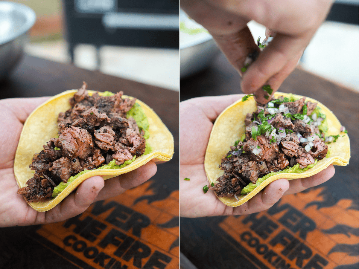 Two side by side shots of Derek Wolf assembling dirty steak tacos with a handful of skirt steak in a corn tortilla and garnished with chopped cilantro and chopped onions