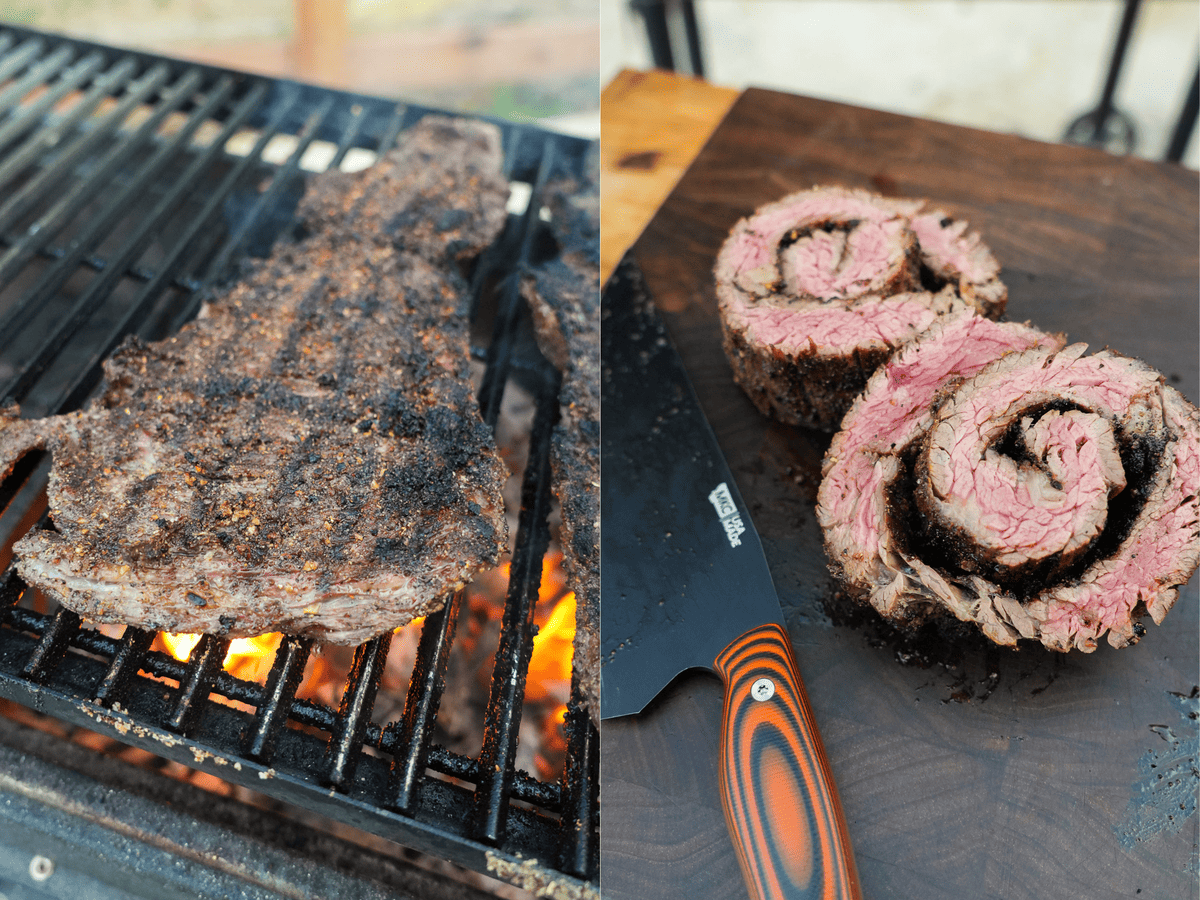 Grilling skirt steak on the grates and then cutting cooked steak on a cutting board