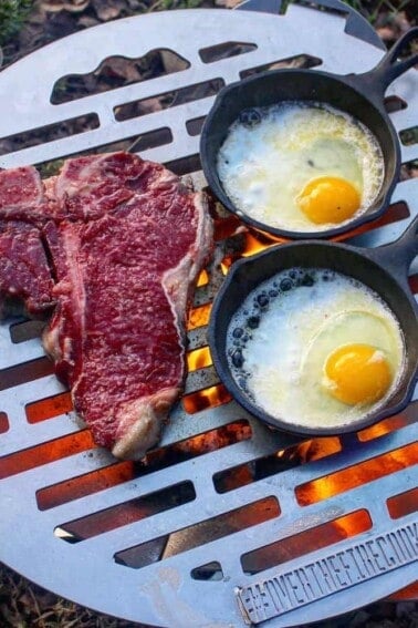 steak and campfire eggs