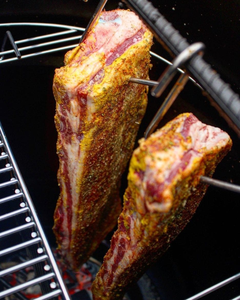  Lamb ribs hanging and smoking. 