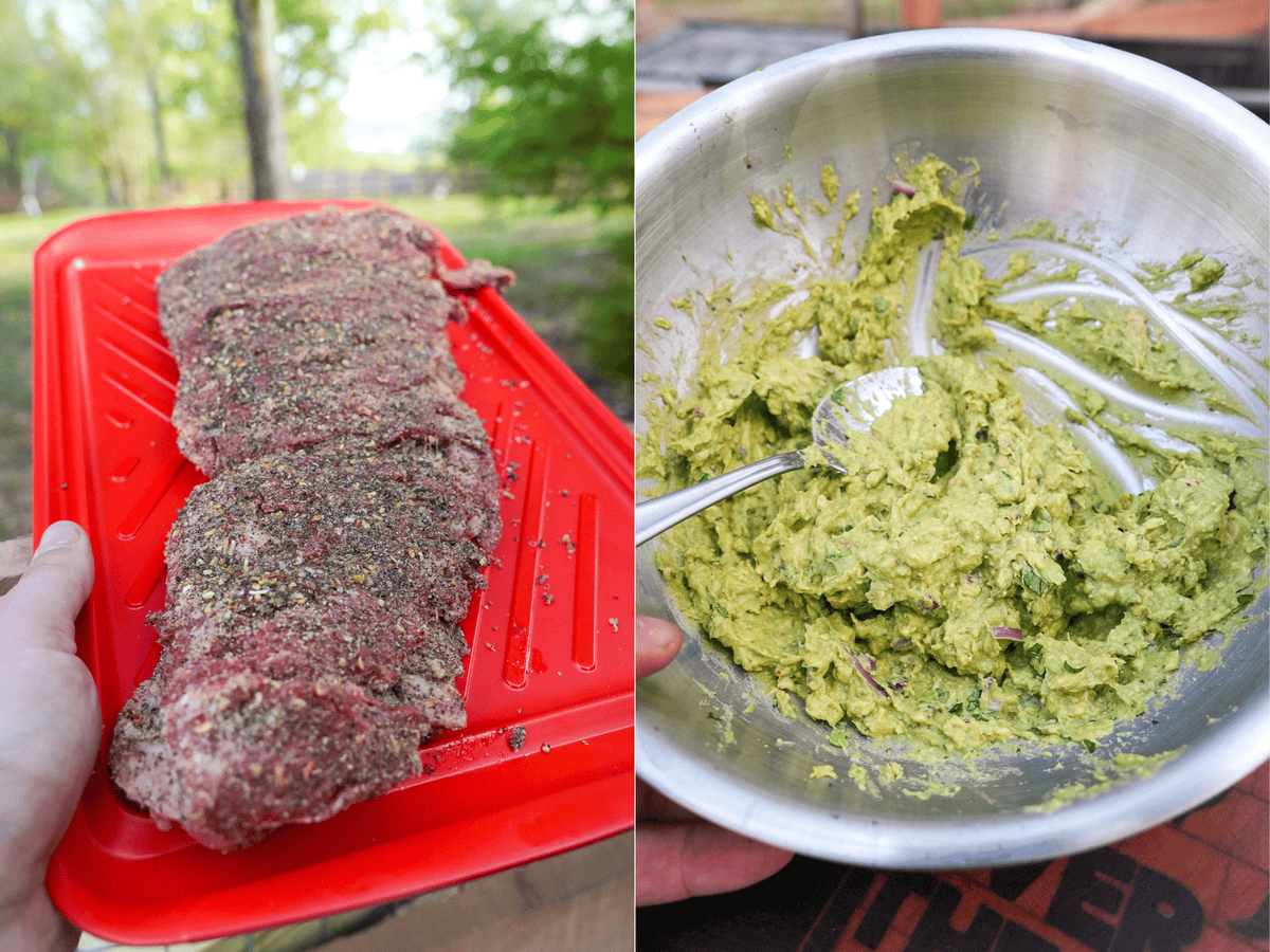 Seasoning raw skirt steak on a cutting board and making guacamole from scratch with avocados, lime juice and red onions