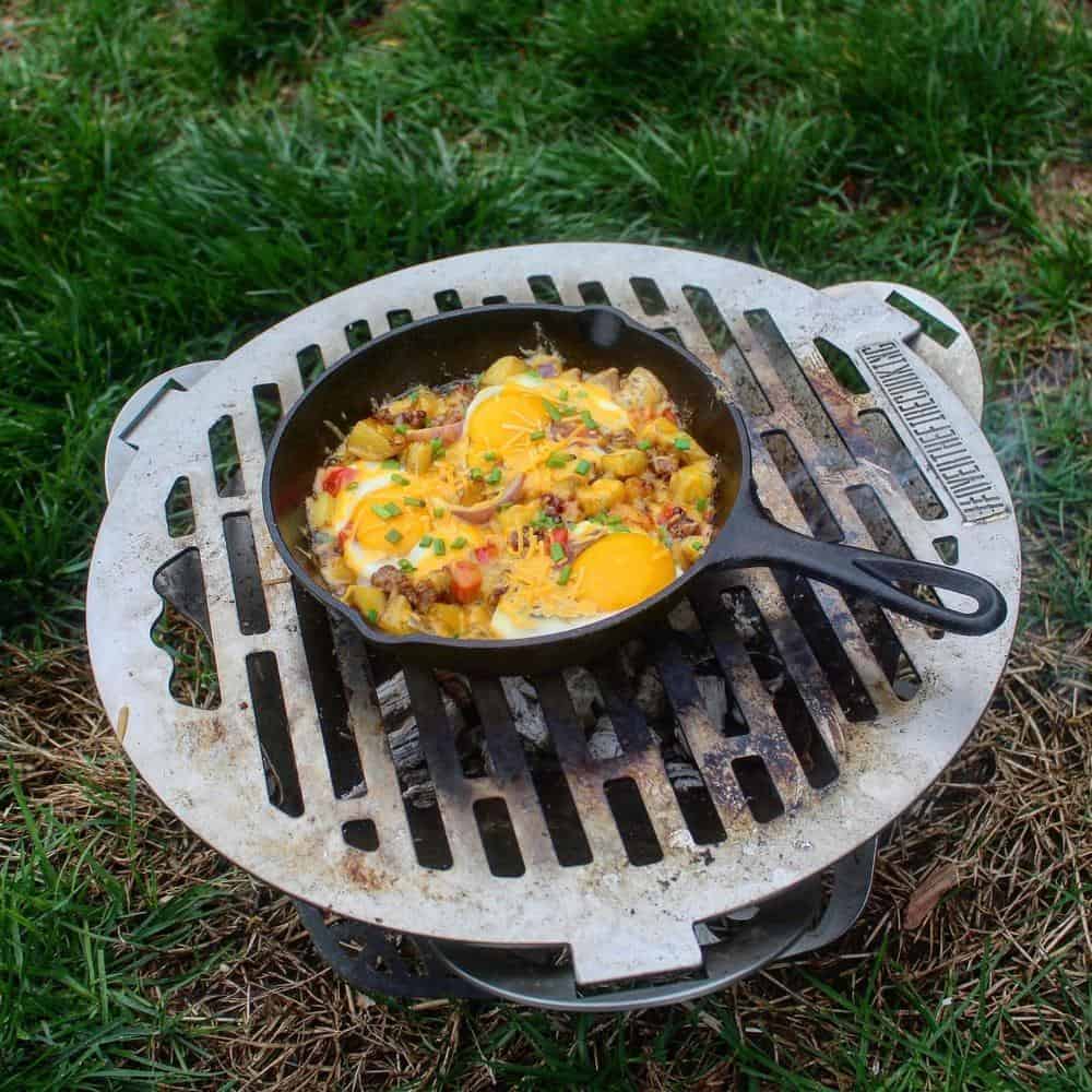 campfire breakfast skillet on the fire