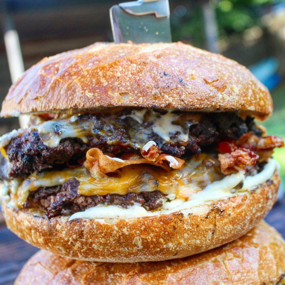 Mega Bacon Cheeseburger stacked as high as you want! 