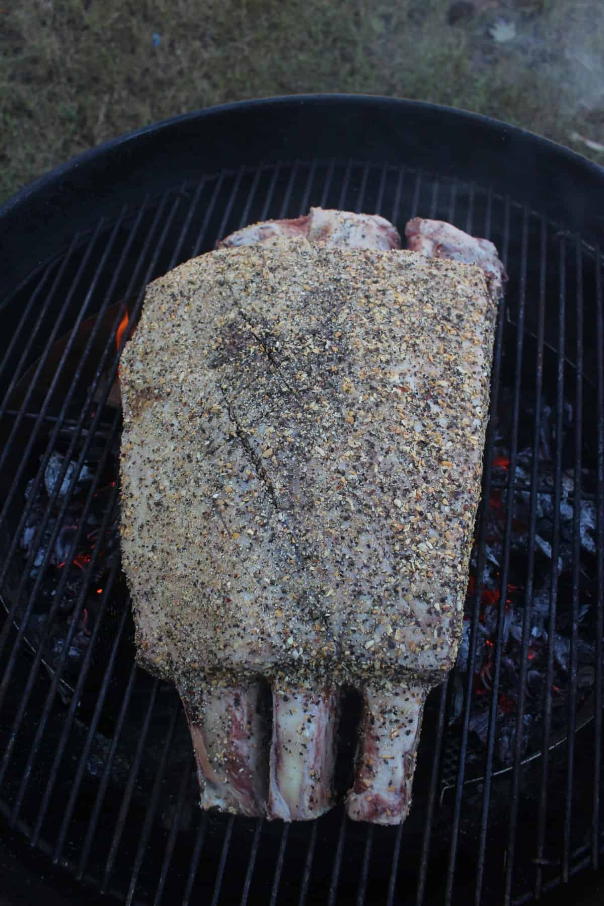 The raw beef ribs sitting over the coals. 