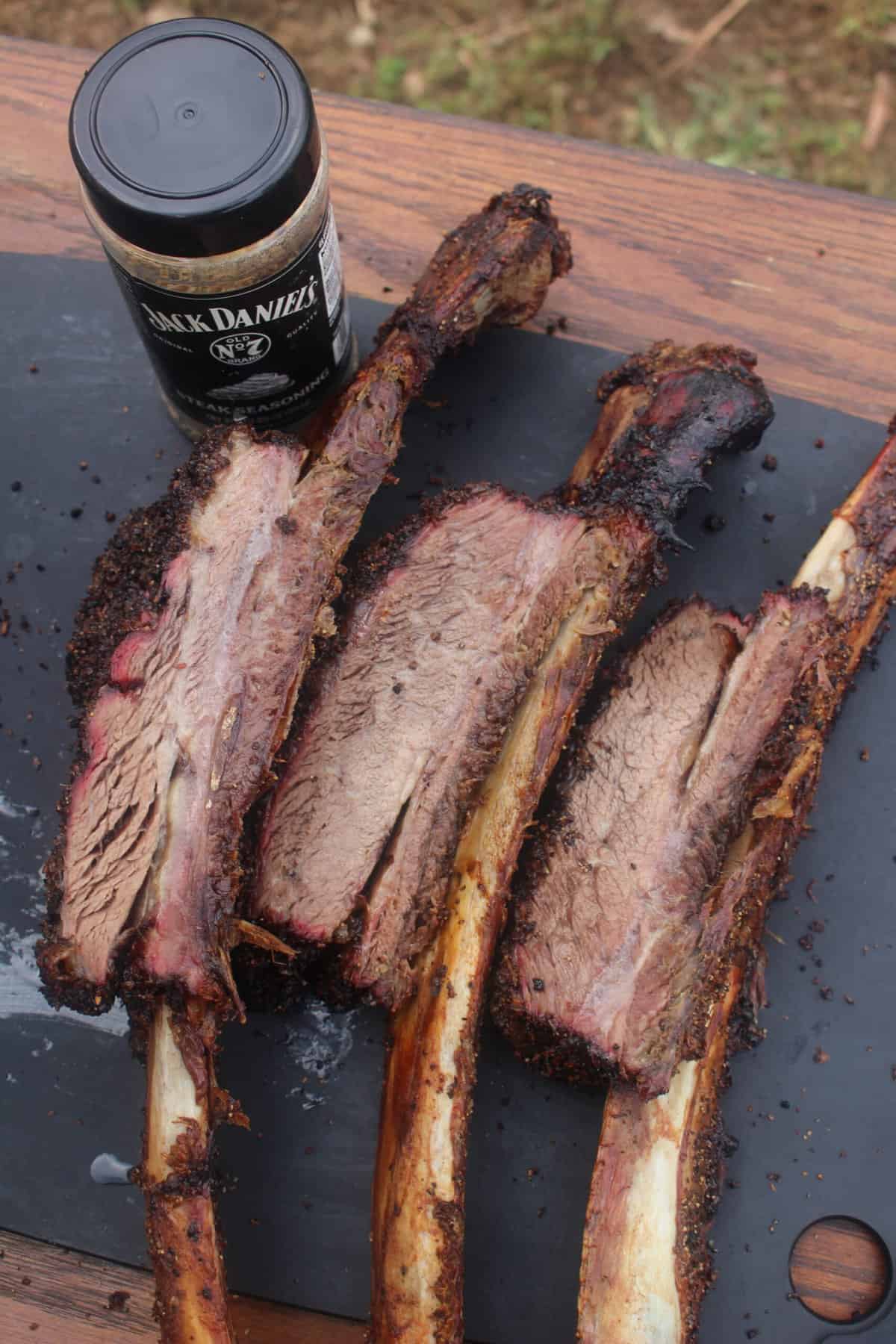 Smoked Jack Daniels Beef Ribs sliced and ready to devour.