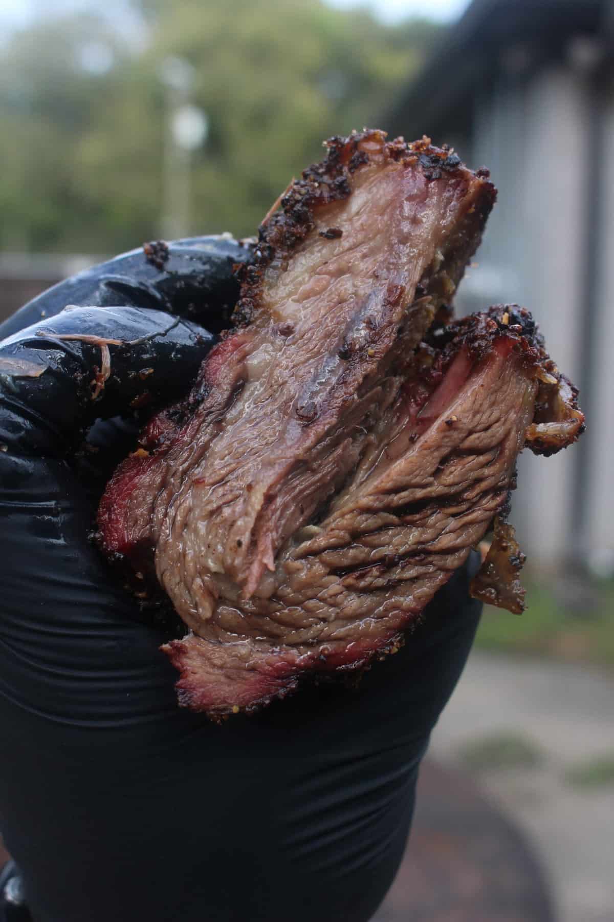 A close up shot of the Smoked Jack Daniels Beef Ribs.