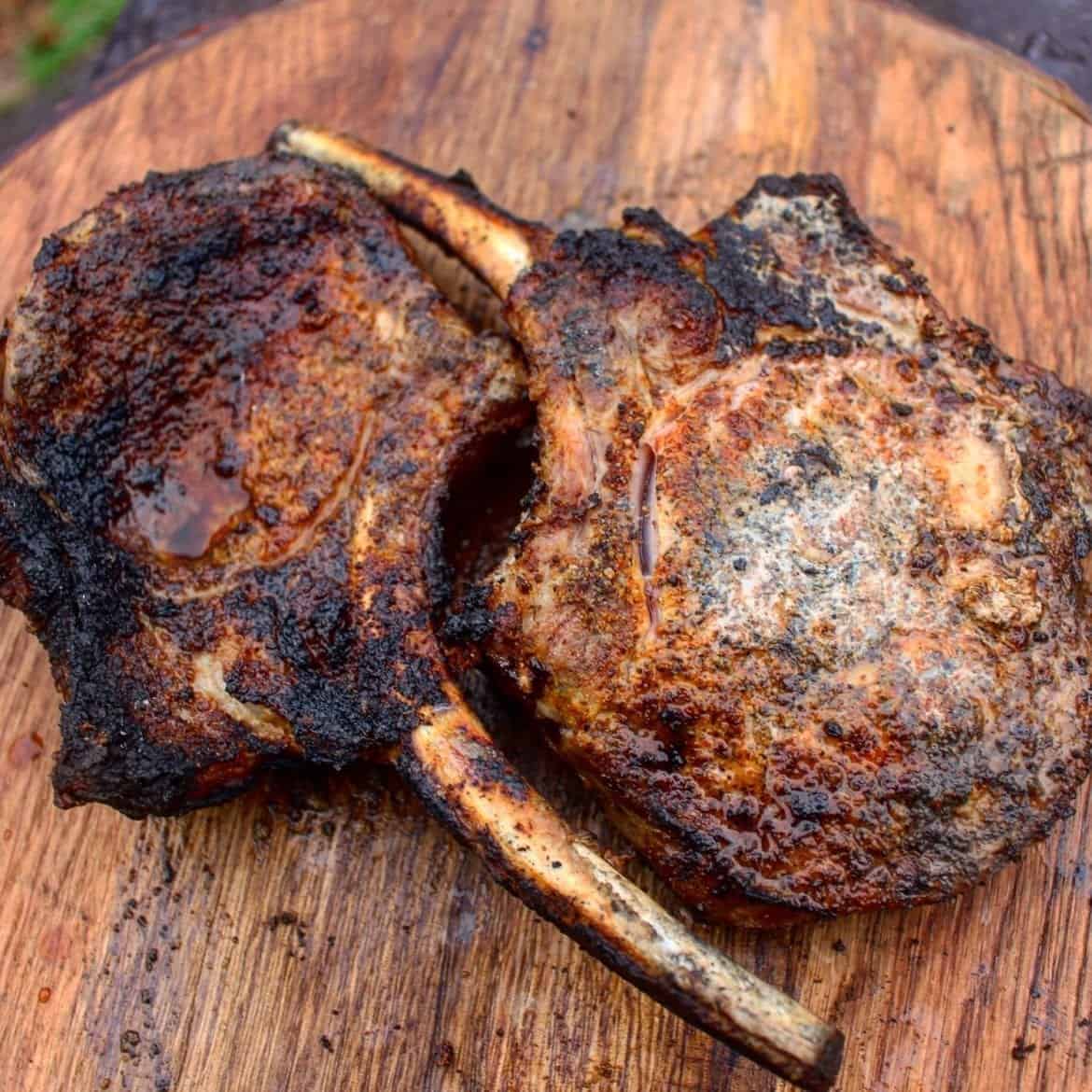 Resting the pork tomahawks before serving. 