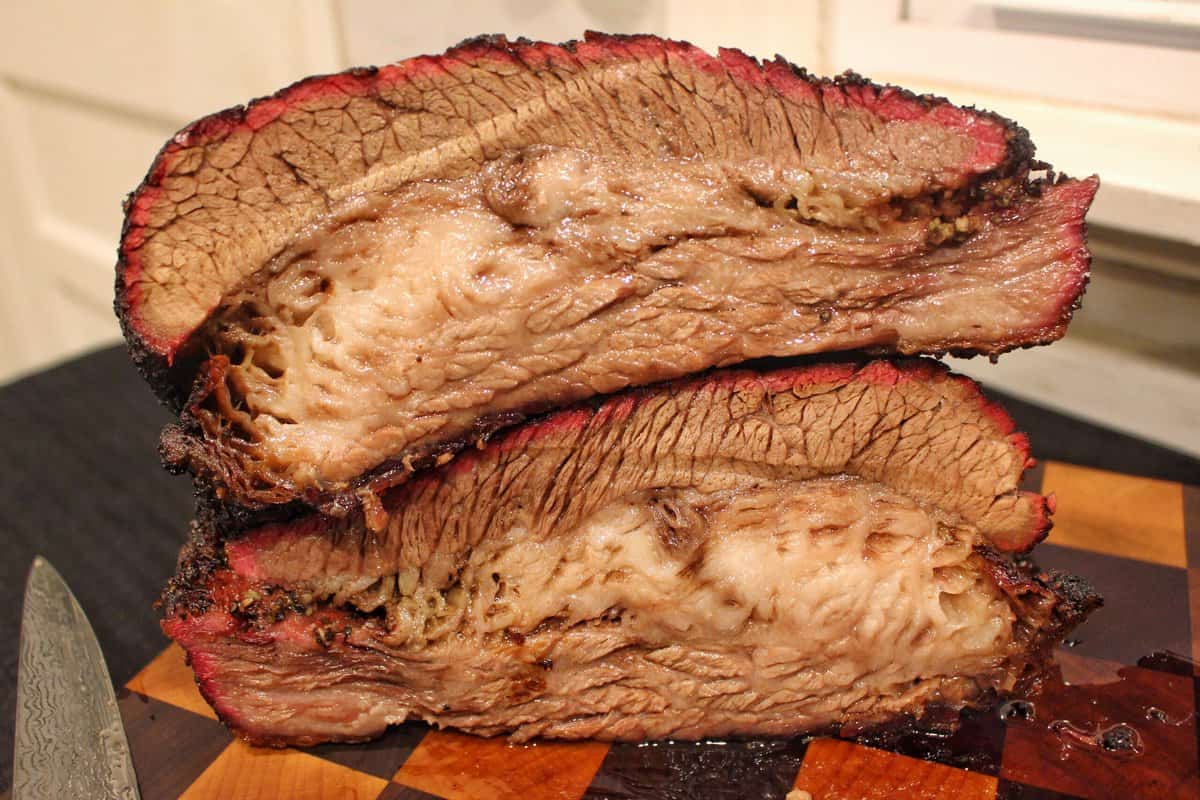 Hot and Fast brisket sliced in half. 