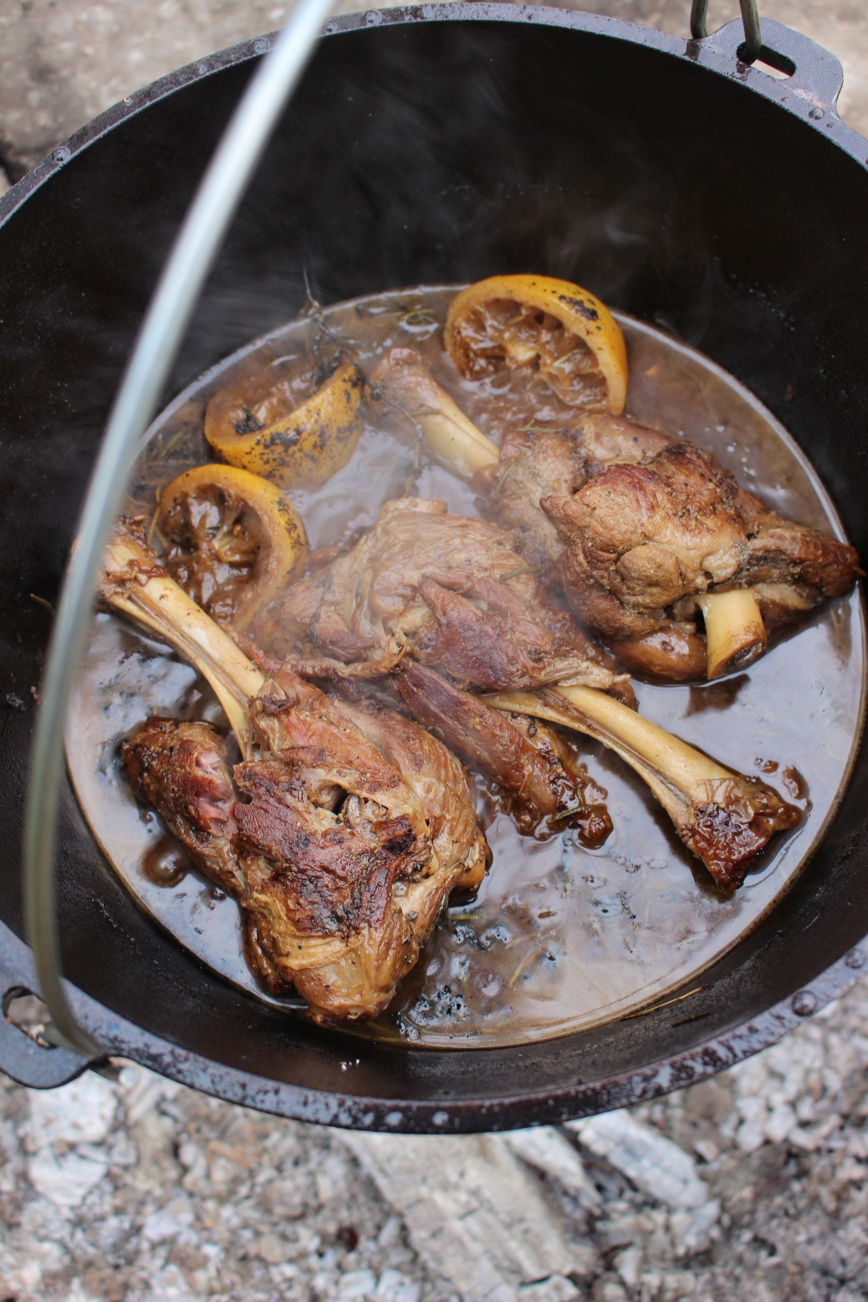 The braising lamb in the dutch oven. 