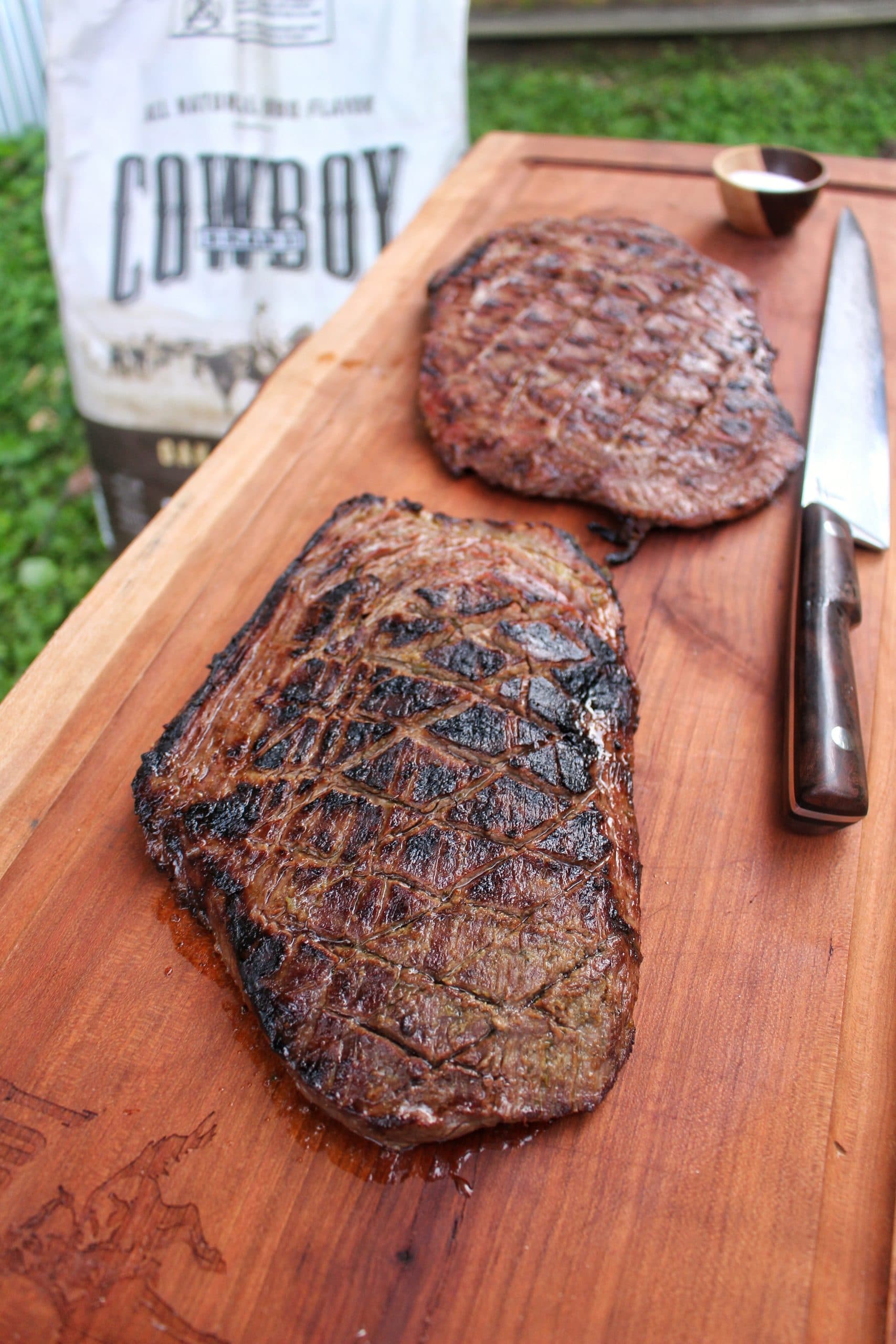 A close up shot of the steak before slicing.