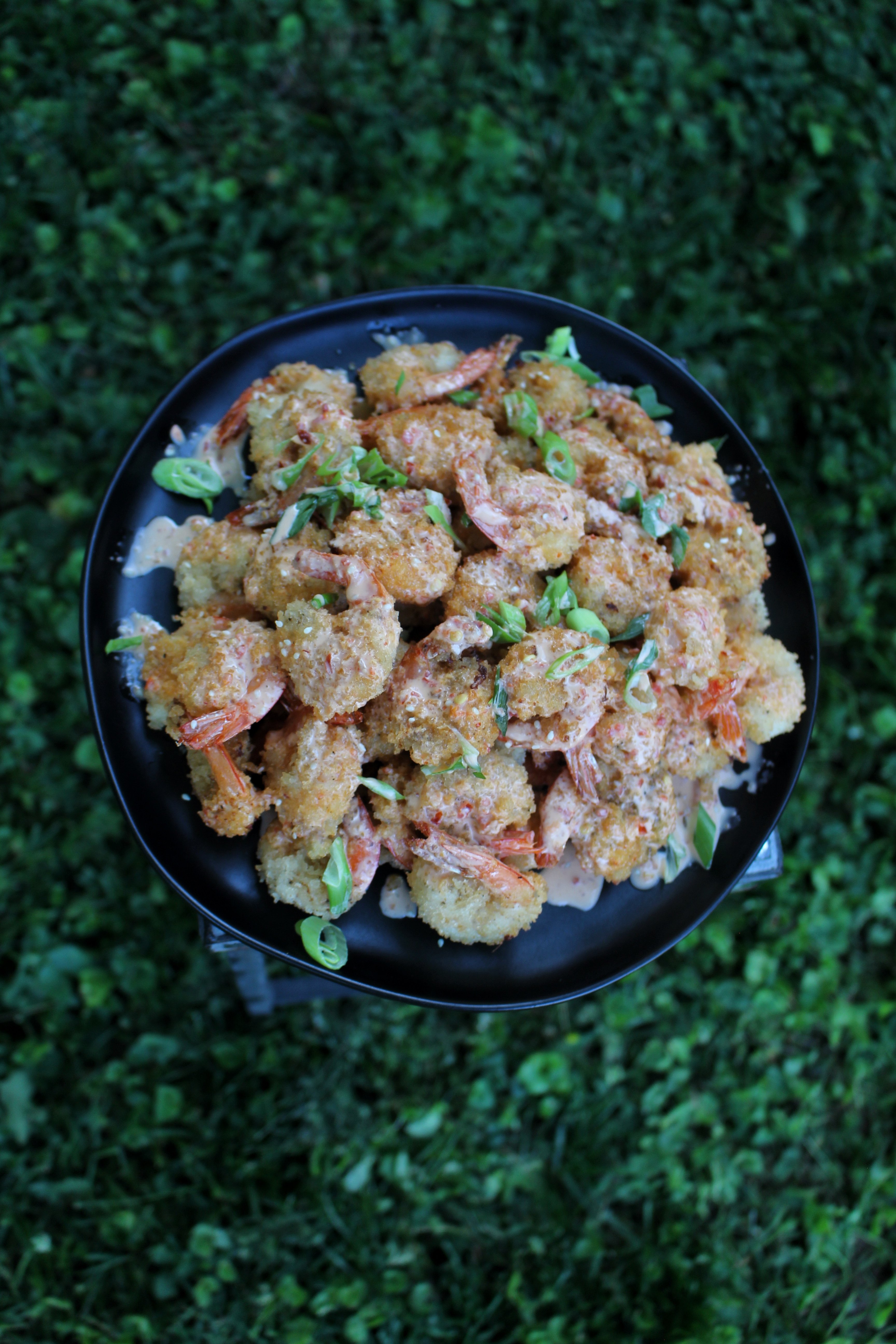 An overhead shot of the finished dish so you can see it drizzled in bang bang sauce and garnished with scallions.