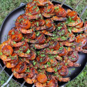 honey cajun shrimp and sausage skewers