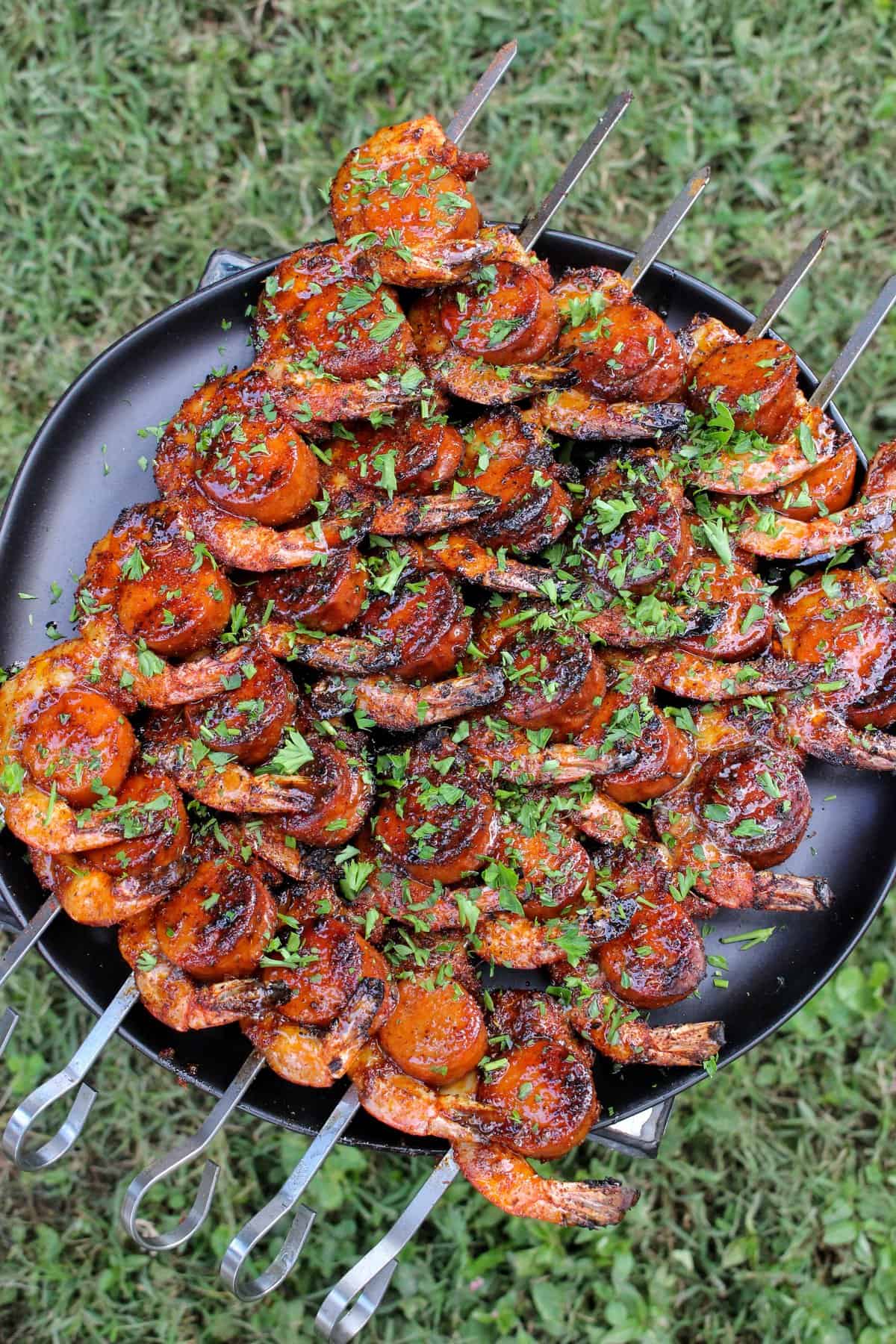 honey cajun shrimp and sausage skewers