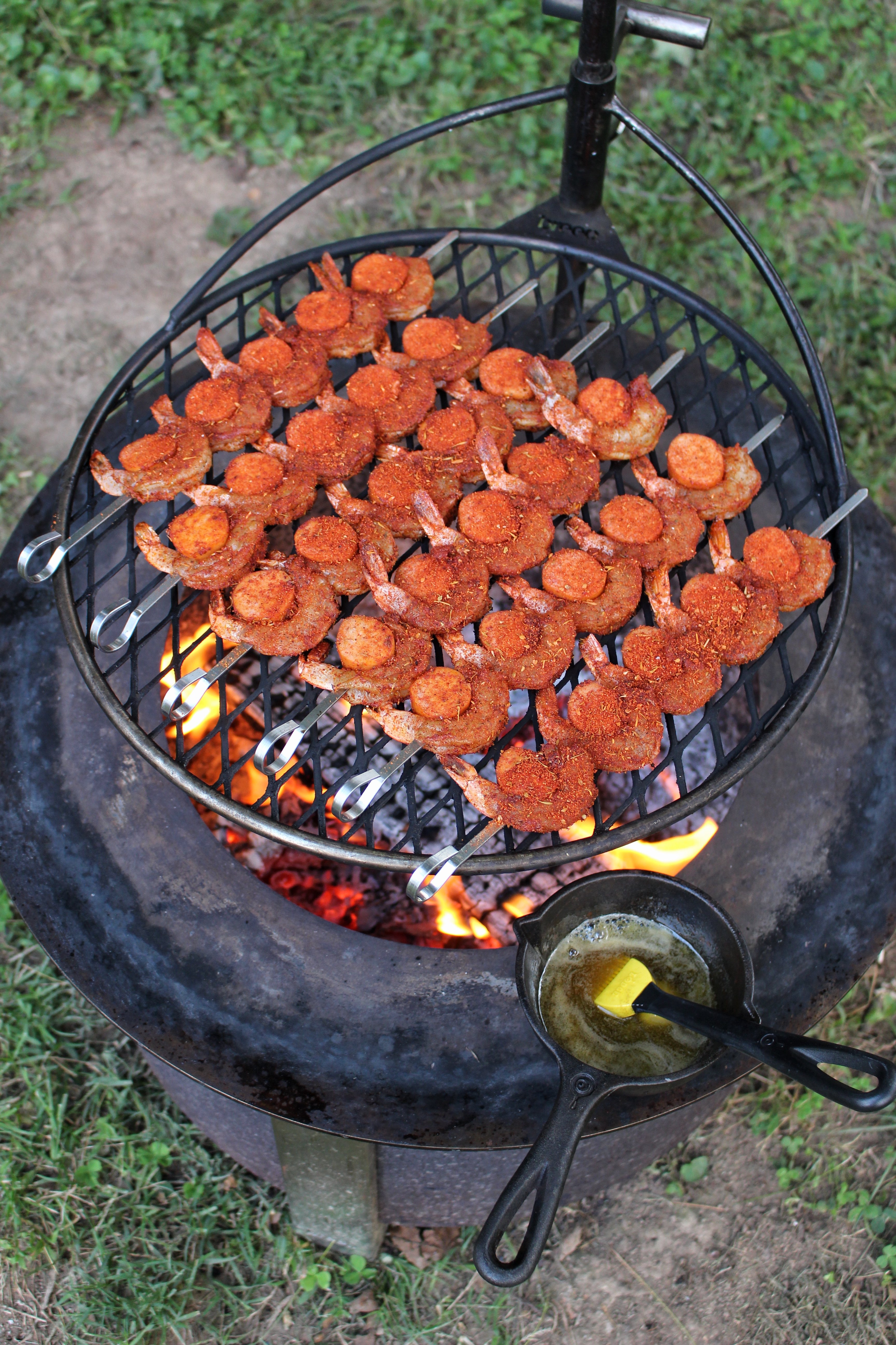 honey cajun shrimp and sausage skewers