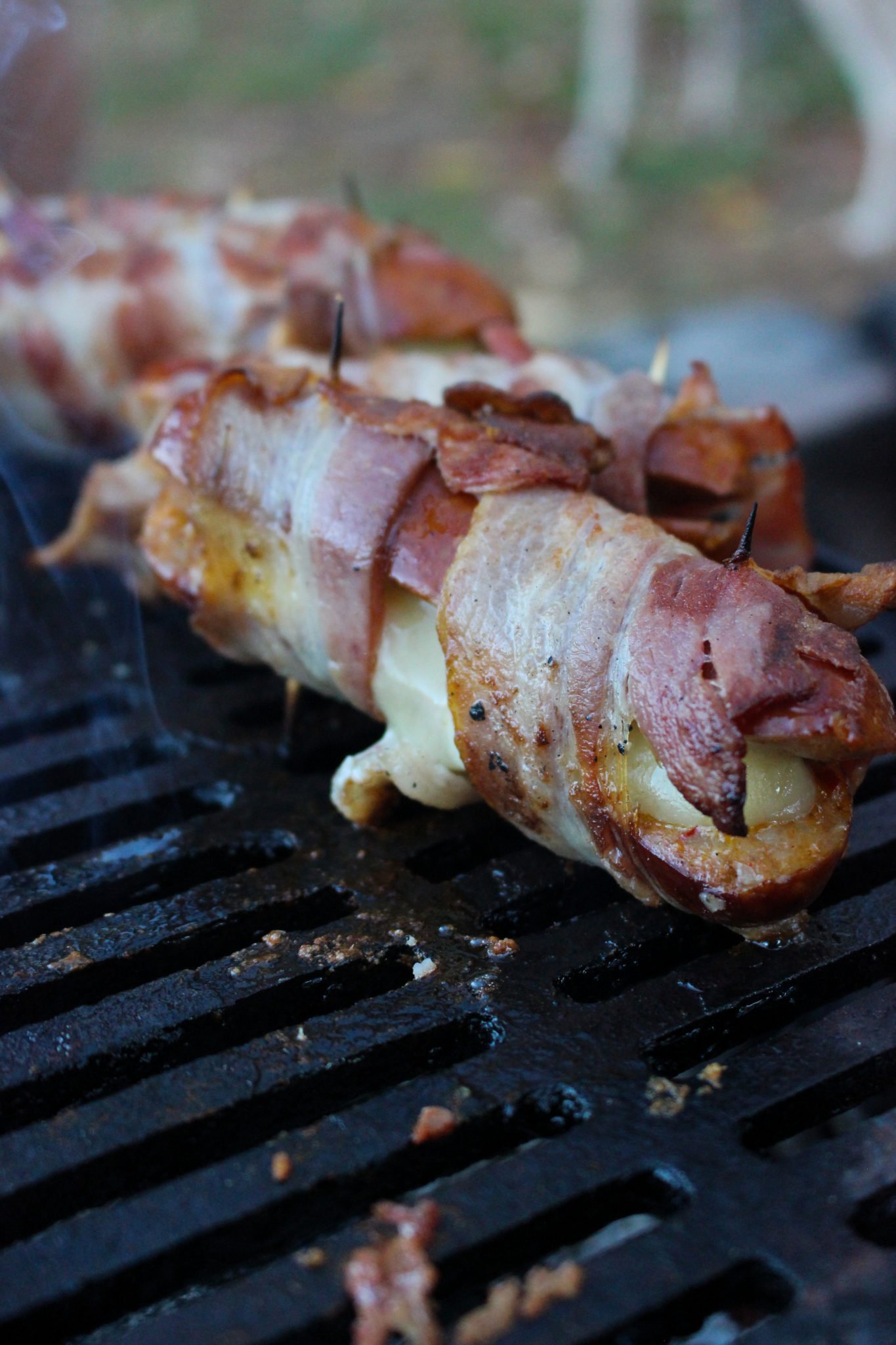 Cheesy Bacon Wrapped Chorizo Dogs - Over The Fire Cooking