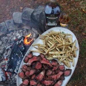 umami whiskey marinated hanger steaks