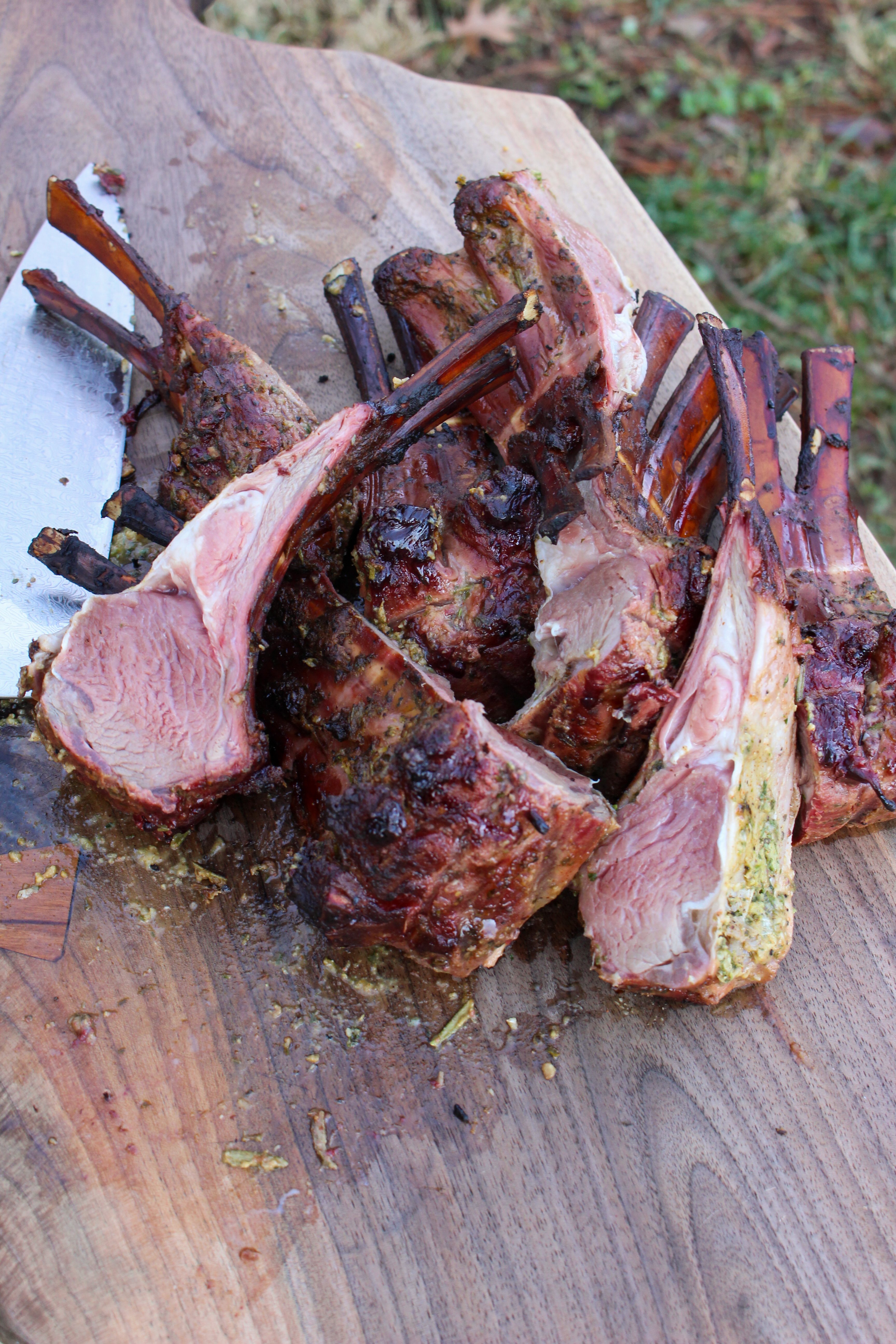 The lamb crown roast after being sliced into individual chops.