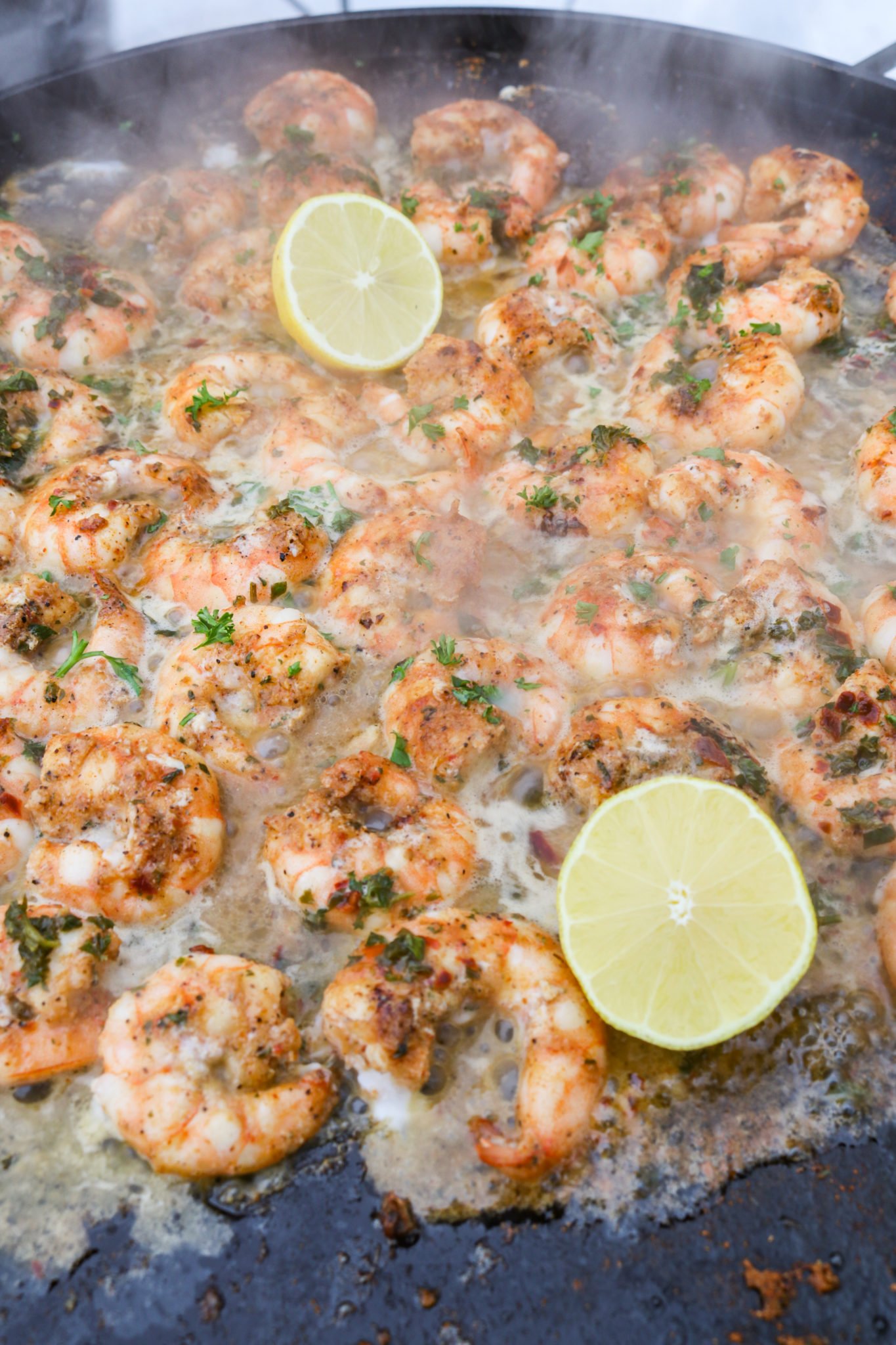 Charred Garlic Butter Shrimp - Over The Fire Cooking