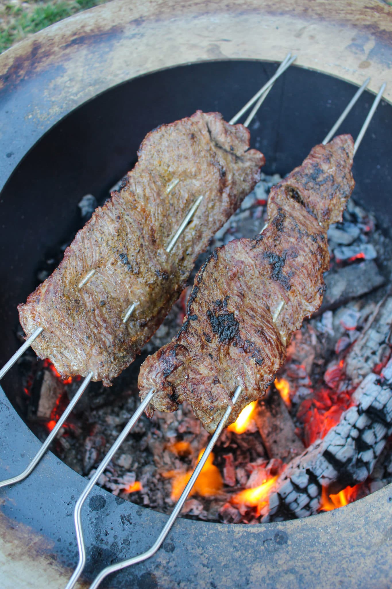 Cheesy Skewered Skirt Steak with Salsa Verde