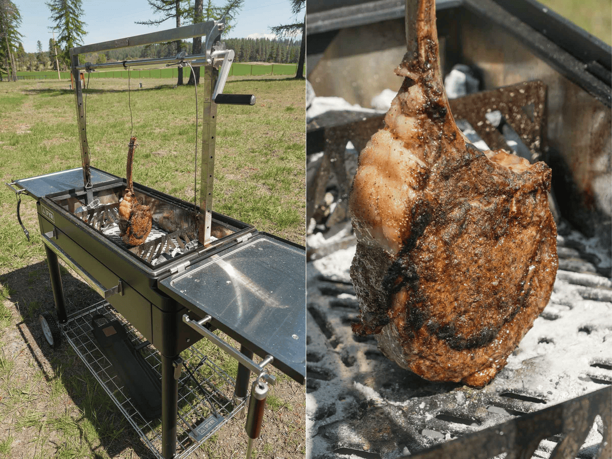 A far away shot of a hanging tomahawk steak on a grill in a yard, then a close up shot of the steak over the grill