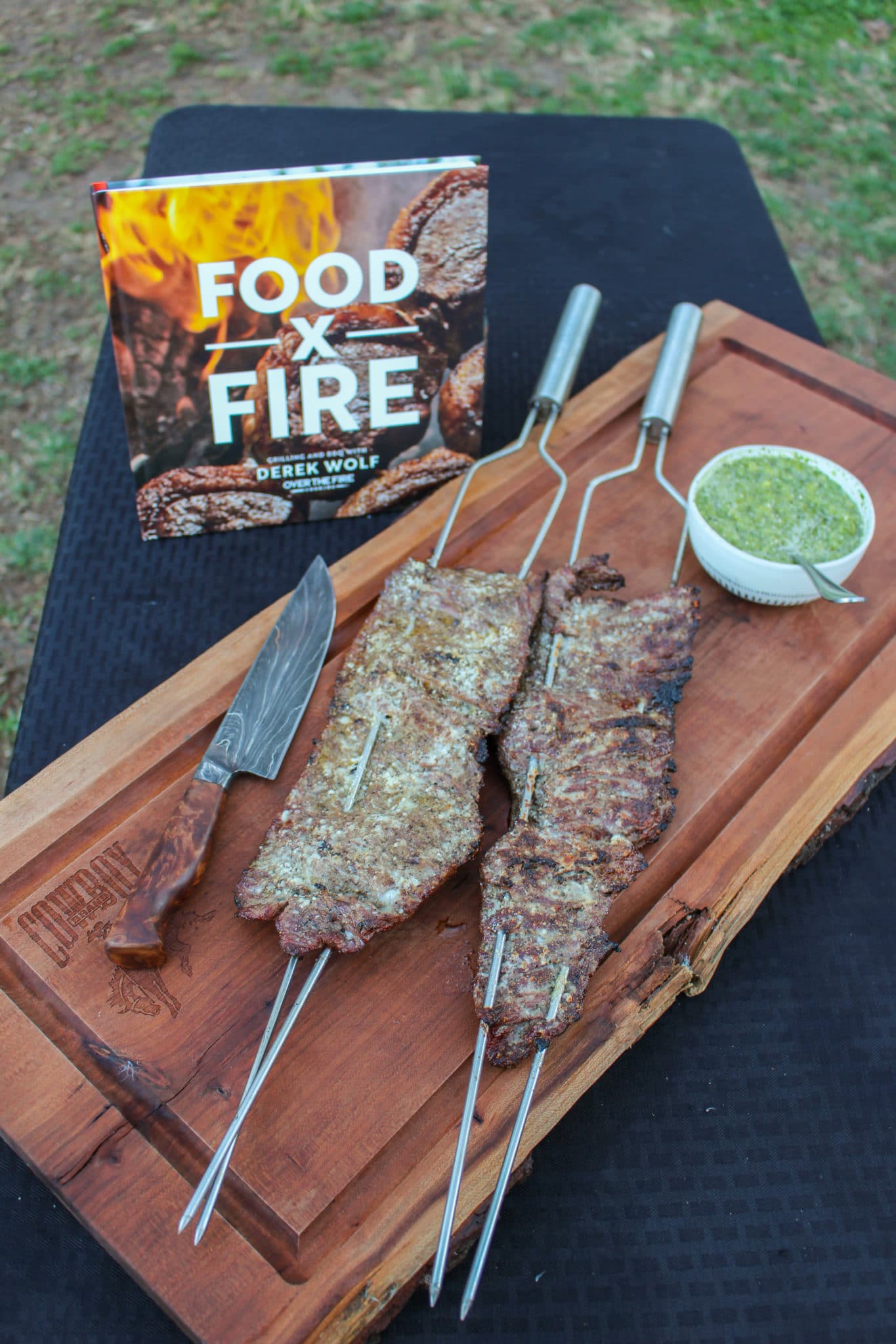 Cheesy Skewered Skirt Steak with Salsa Verde