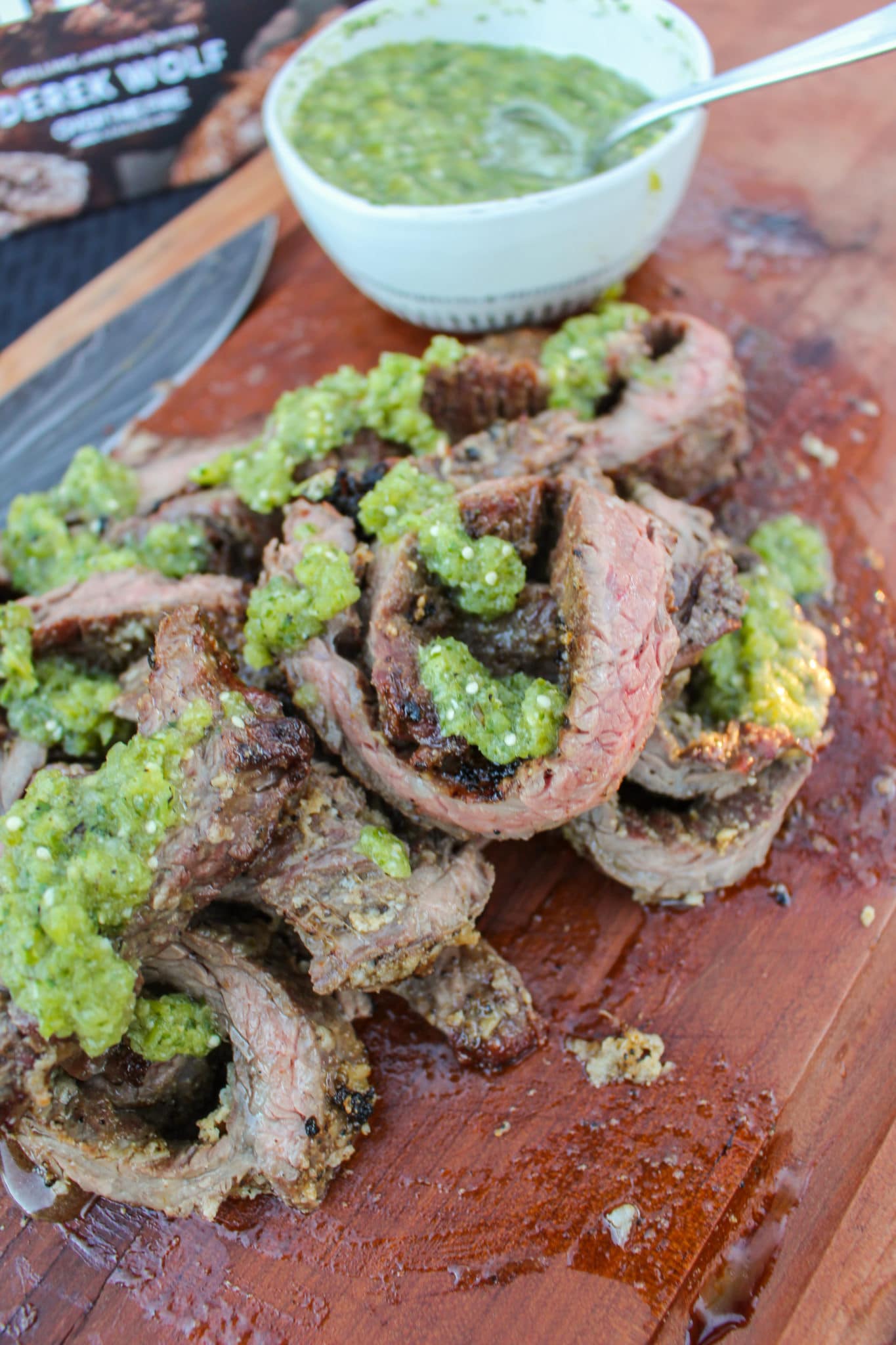 Cheesy Skewered Skirt Steak with Salsa Verde