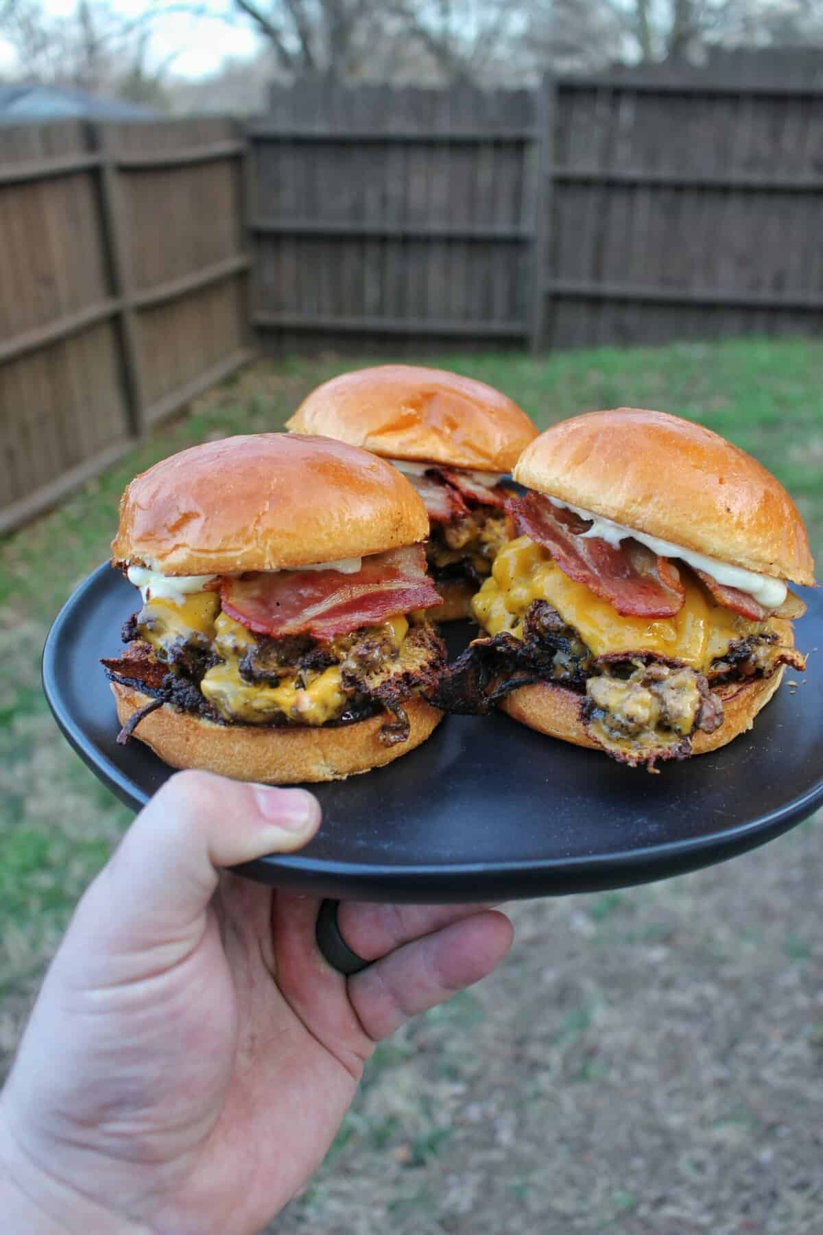 Cheesy Onion Smash Burgers - Over The Fire Cooking