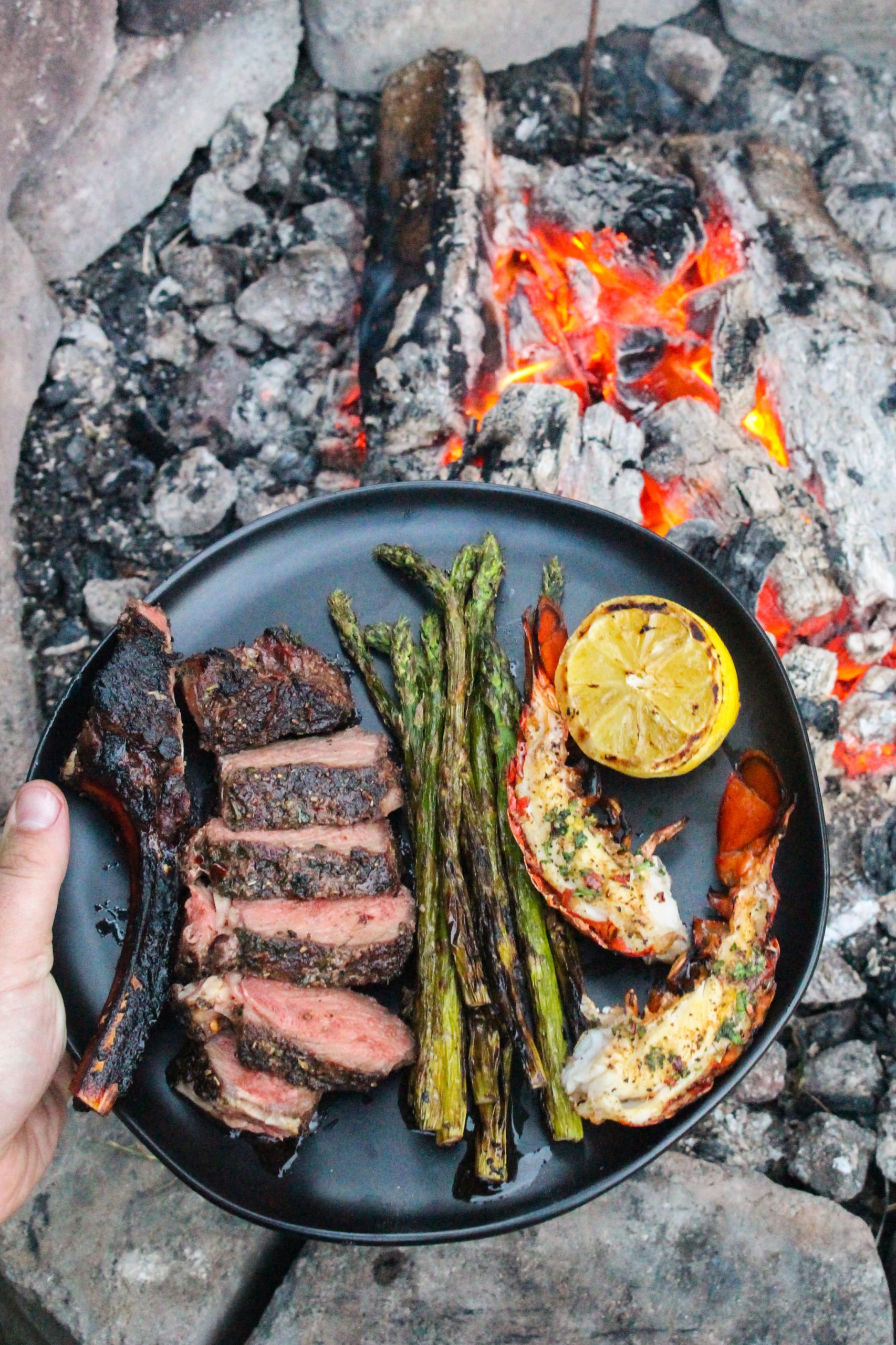 Bison Ribeye and Lobster Tails