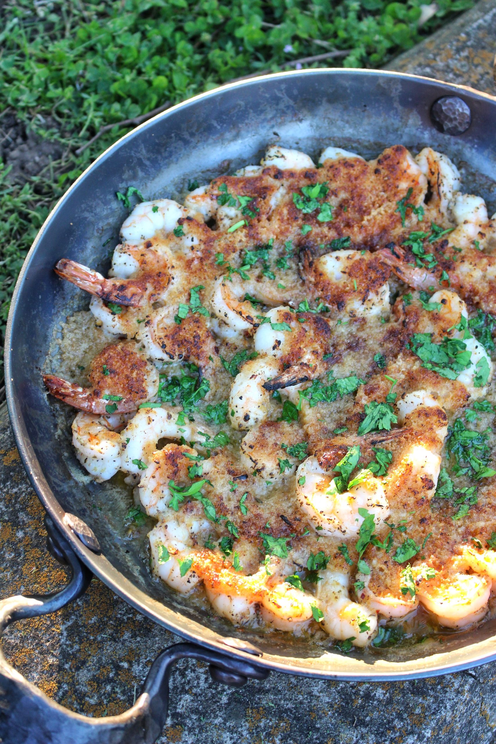 The baked Parmesan Crusted Shrimp garnished and ready to serve.