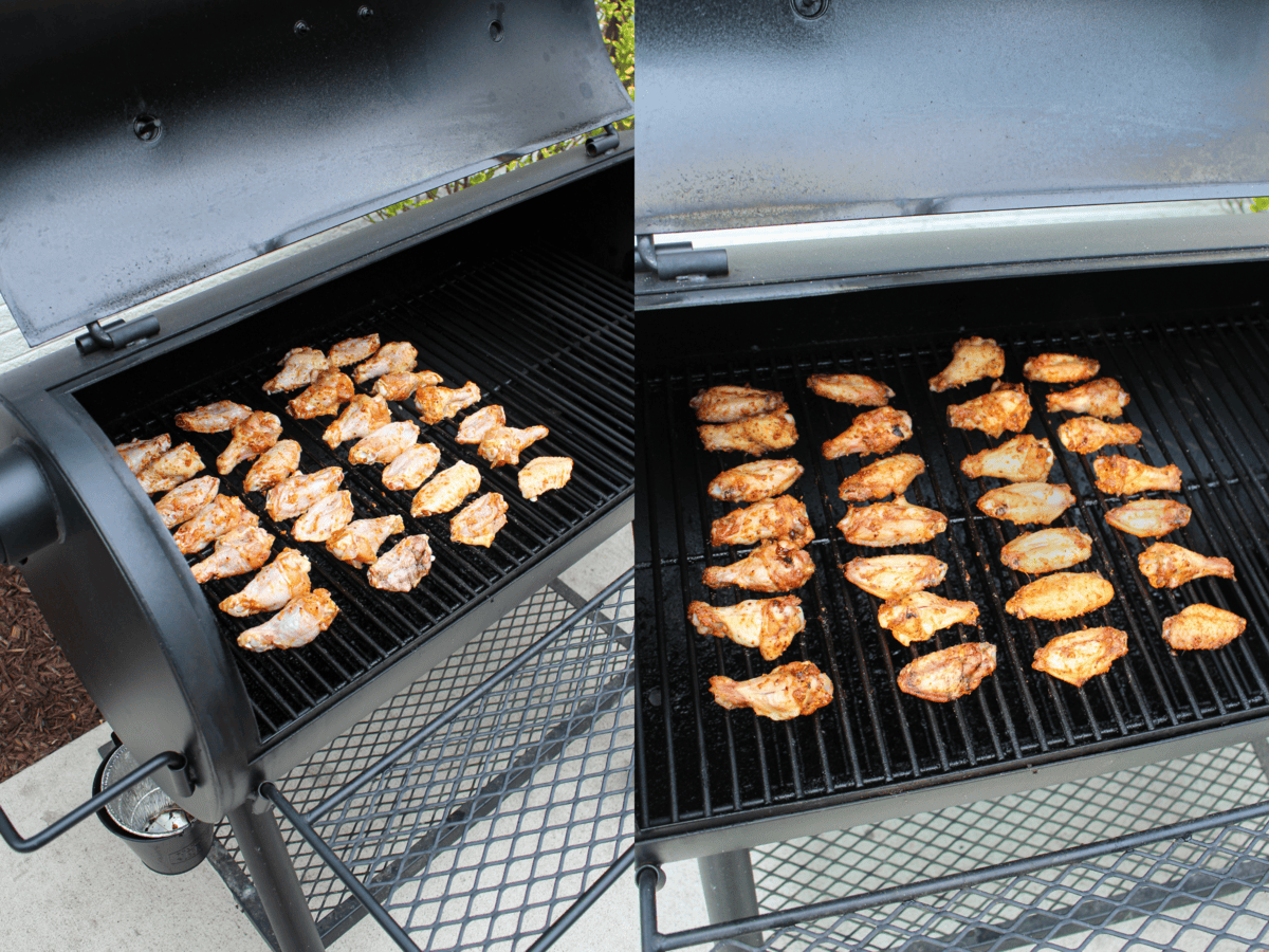 The raw and smoked chicken wings on the smoker.