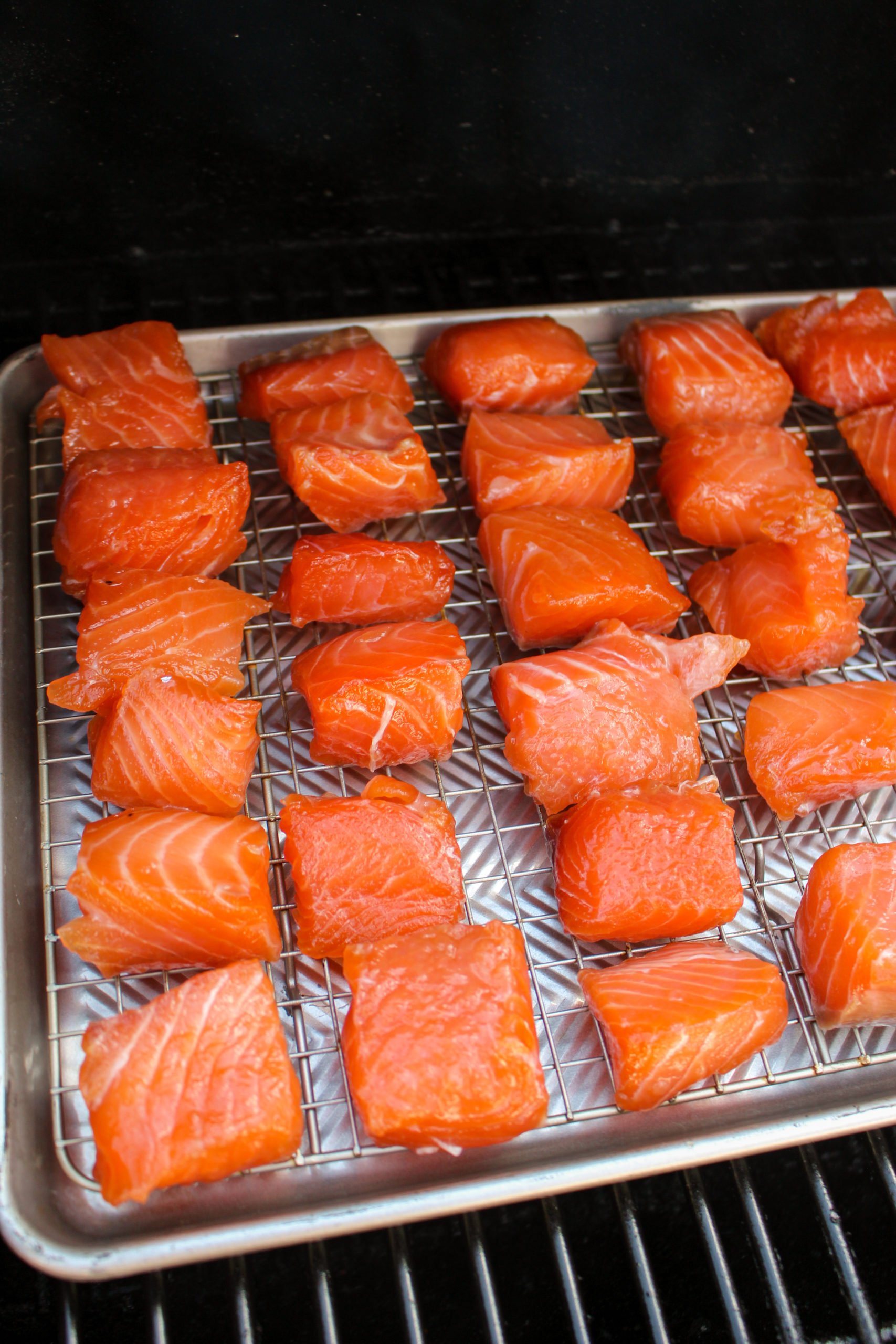 Pieces of salmon on Grill