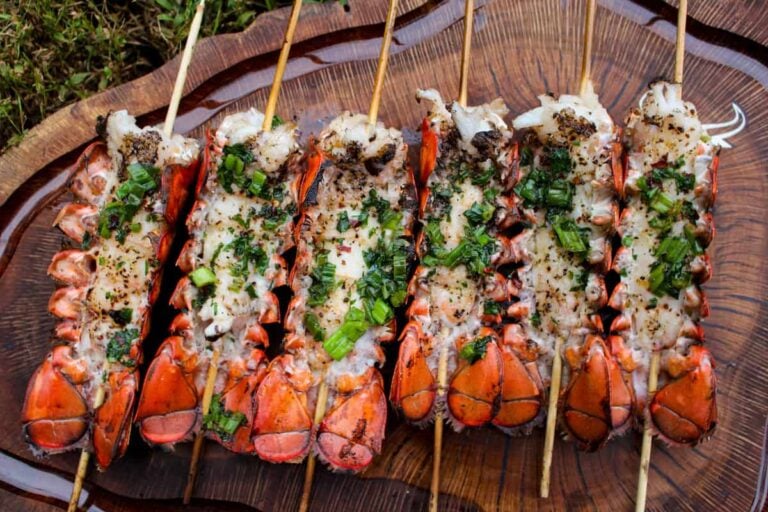 Lobster Skewers with Bang Bang Sauce plated and served.