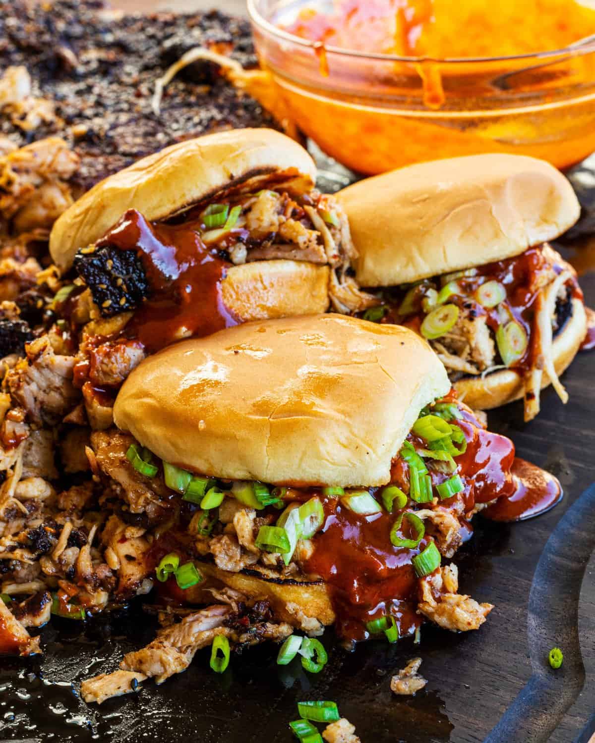 Korean Pulled Pork Belly on the buns and served.