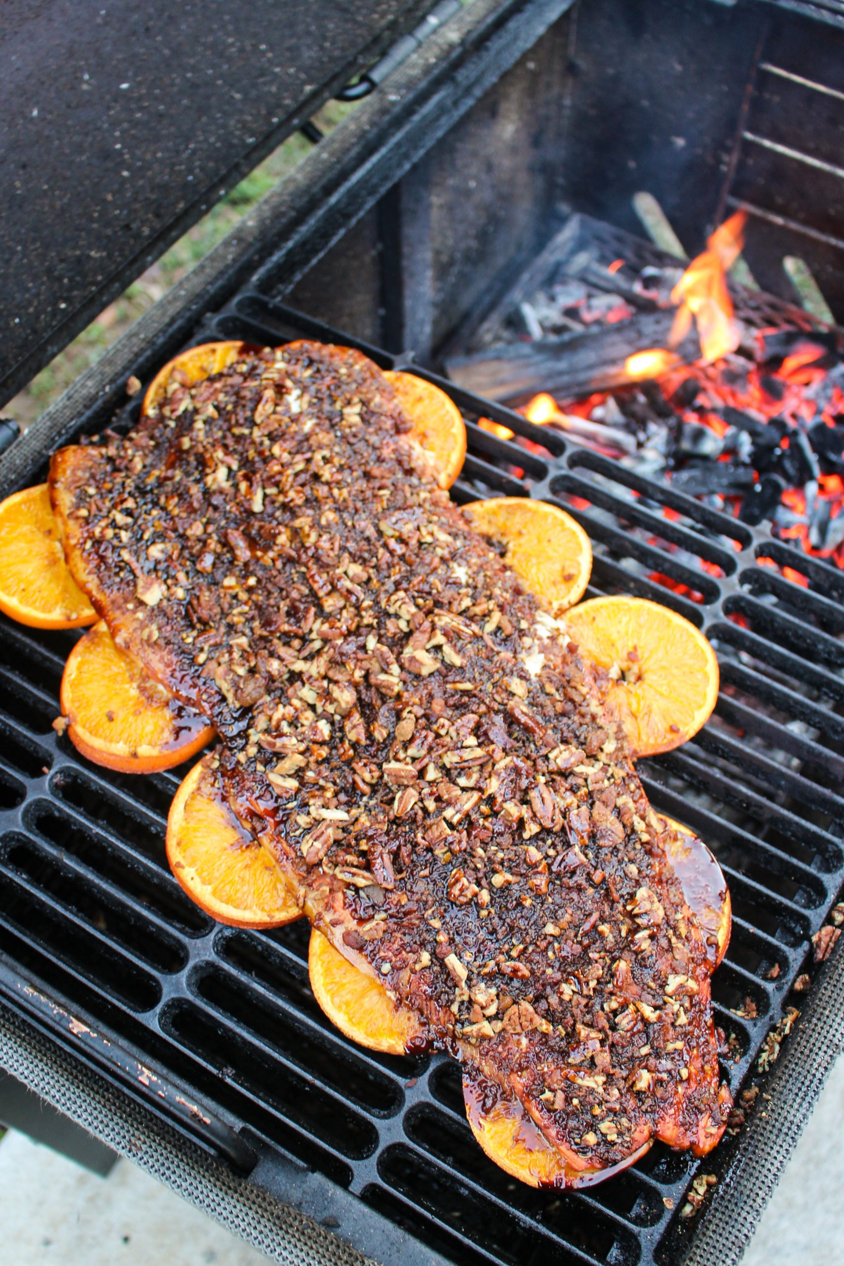 Bourbon Bacon Pecan Salmon starting to cook. 