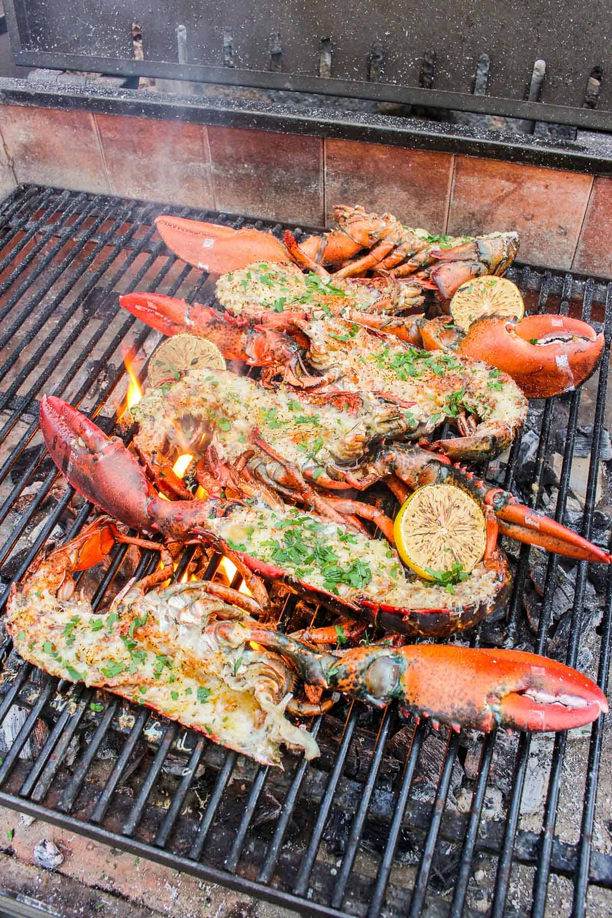 The meal cooking over some charcoal on the grill.