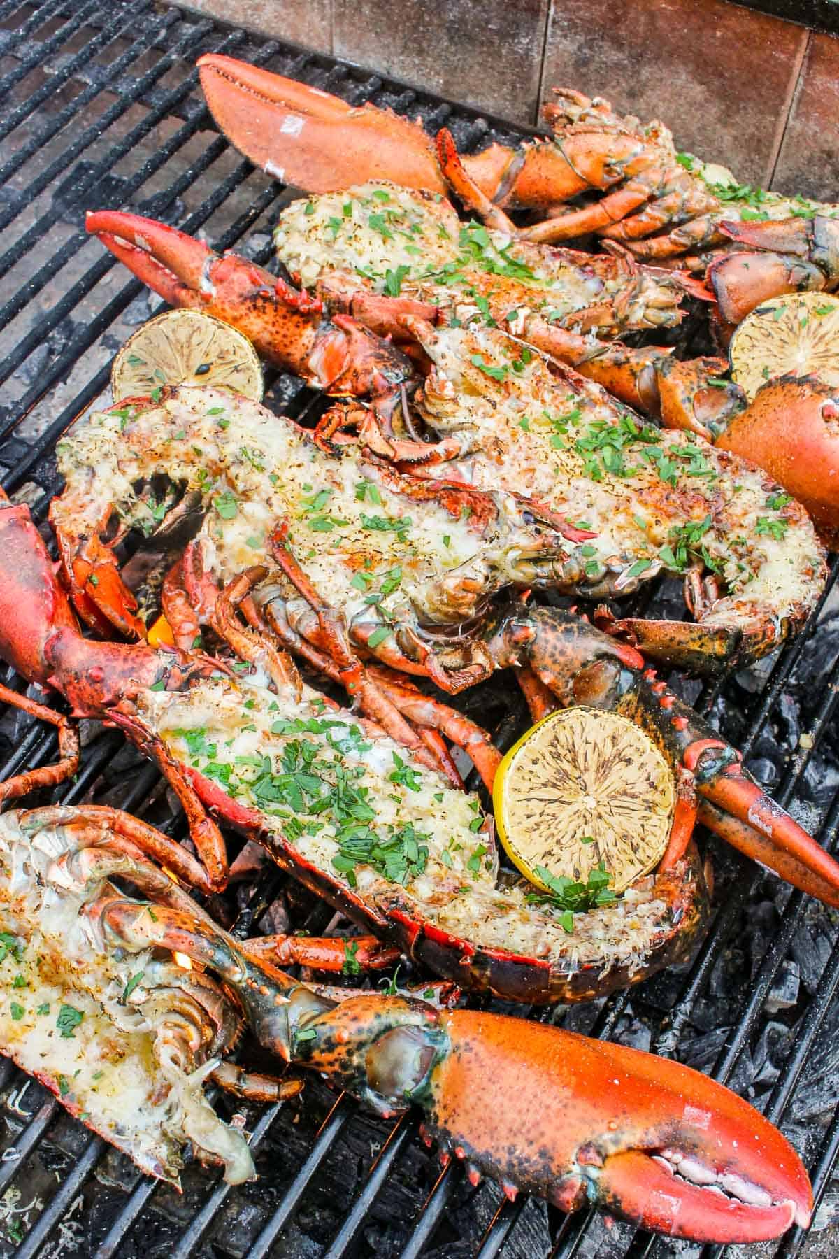 A close up shot of the food on the grill. 