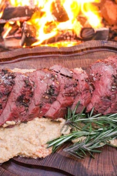 Herb Crusted Bison Tenderloin cut and fanned out to serve.