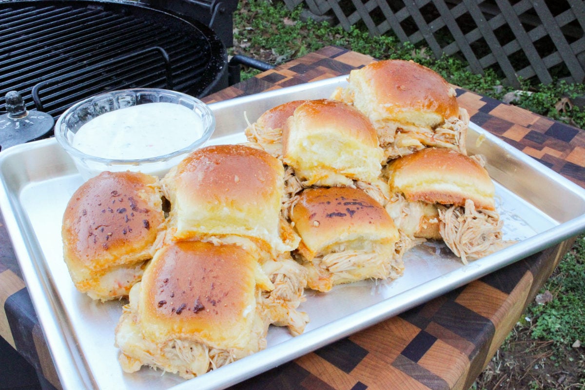 Buffalo chicken sliders, plated and ready to serve.