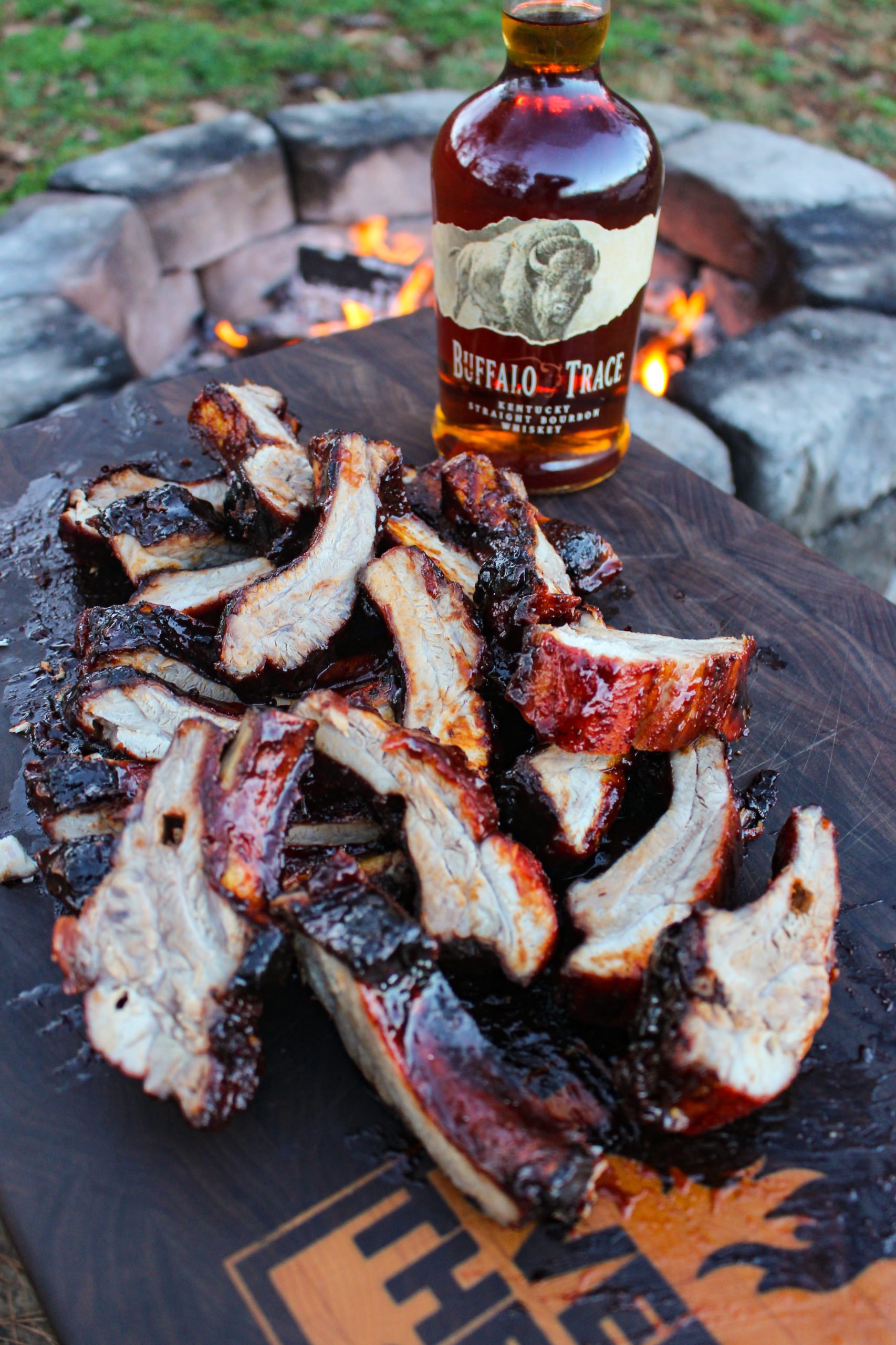 Maple Gochujang Rotisserie Ribs cut into individual bones. 