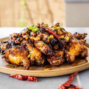 Grilled Kung Pao Chicken Wings plated and ready to serve.