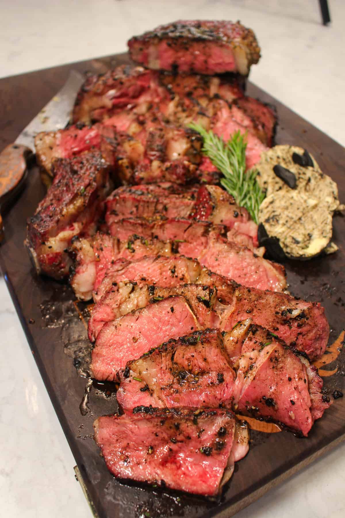 Close up of sliced steaks.