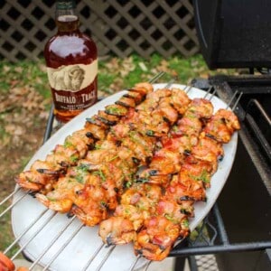Bacon Wrapped Shrimp Skewers ready to serve.