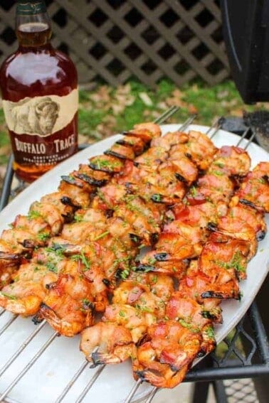 Bacon Wrapped Shrimp Skewers ready to serve.