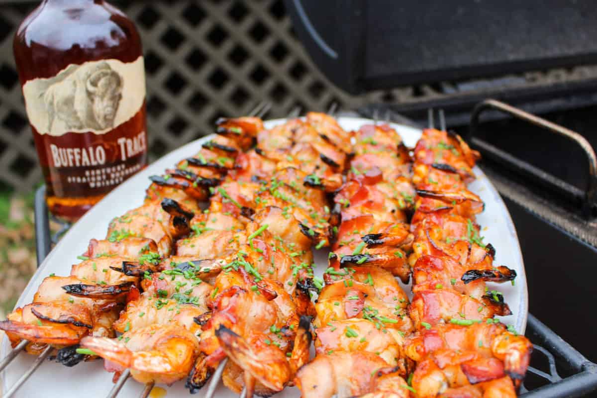 Bacon Wrapped Shrimp Skewers up close and ready to eat!