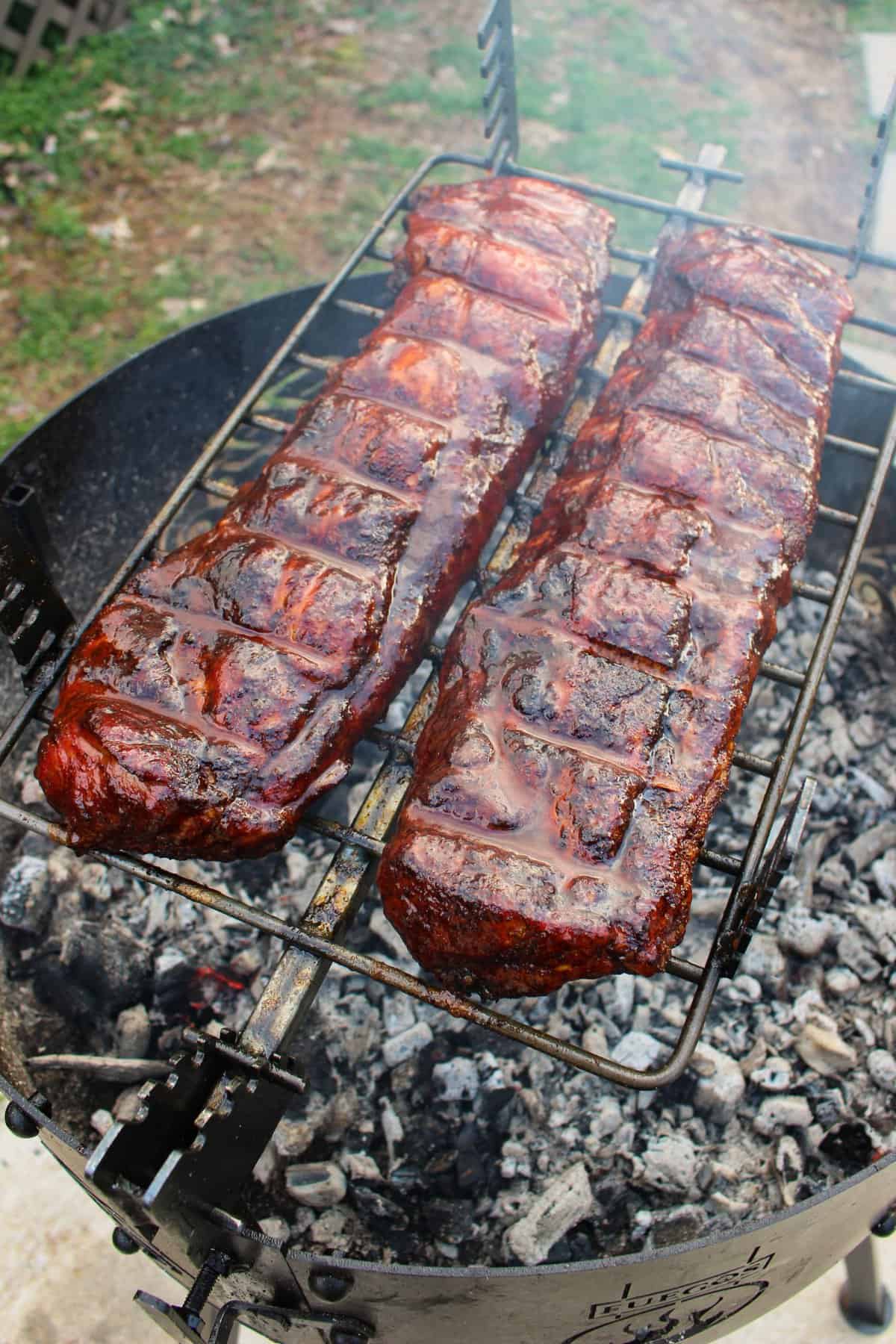 Huli Huli Ribs with Sriracha BBQ Sauce glazed and ready to pull from the fire. 
